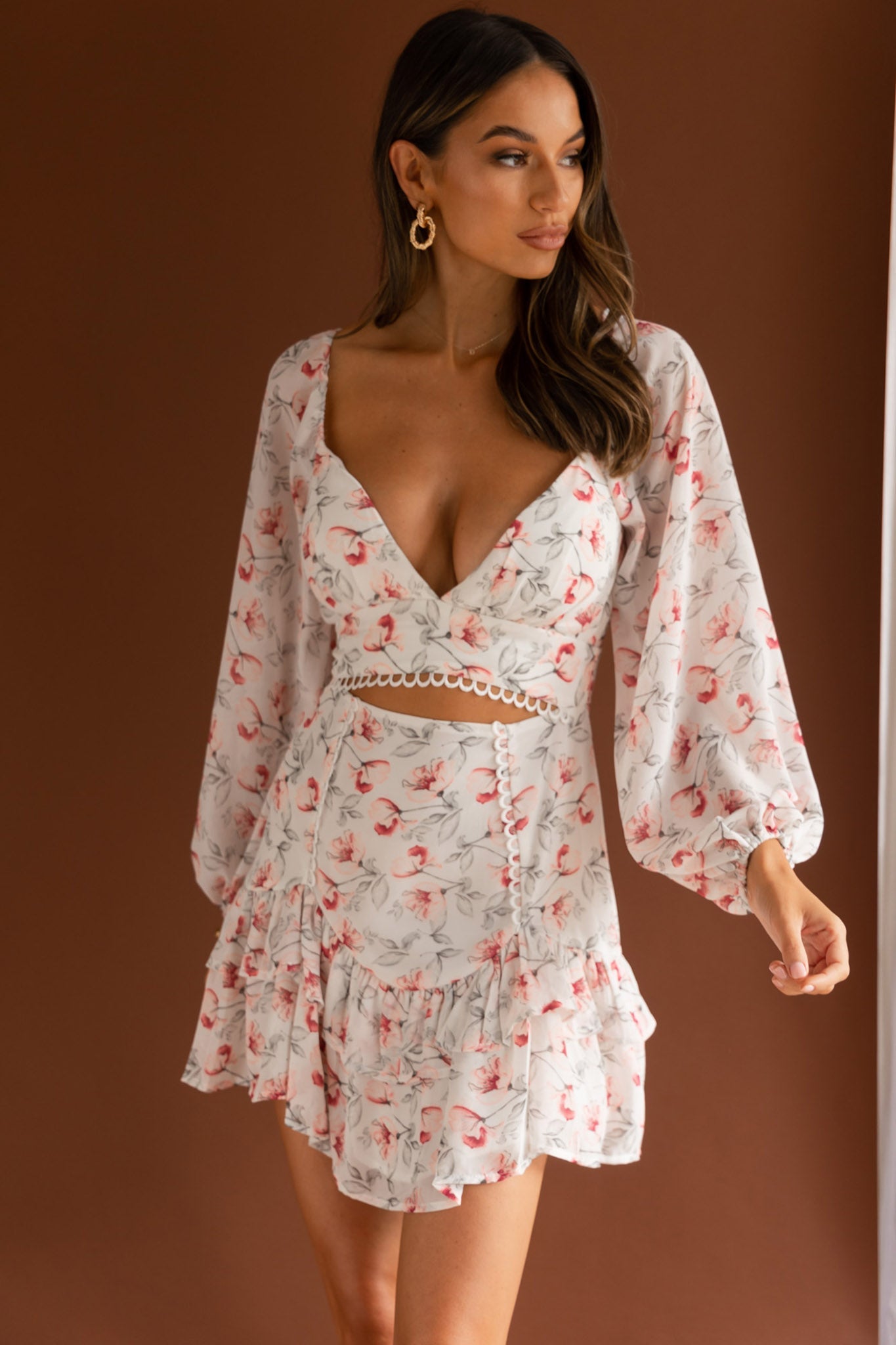 Dearly Beloved Balloon Sleeve Layered Frill Hem Dress Flower Print White by Selfie Leslie