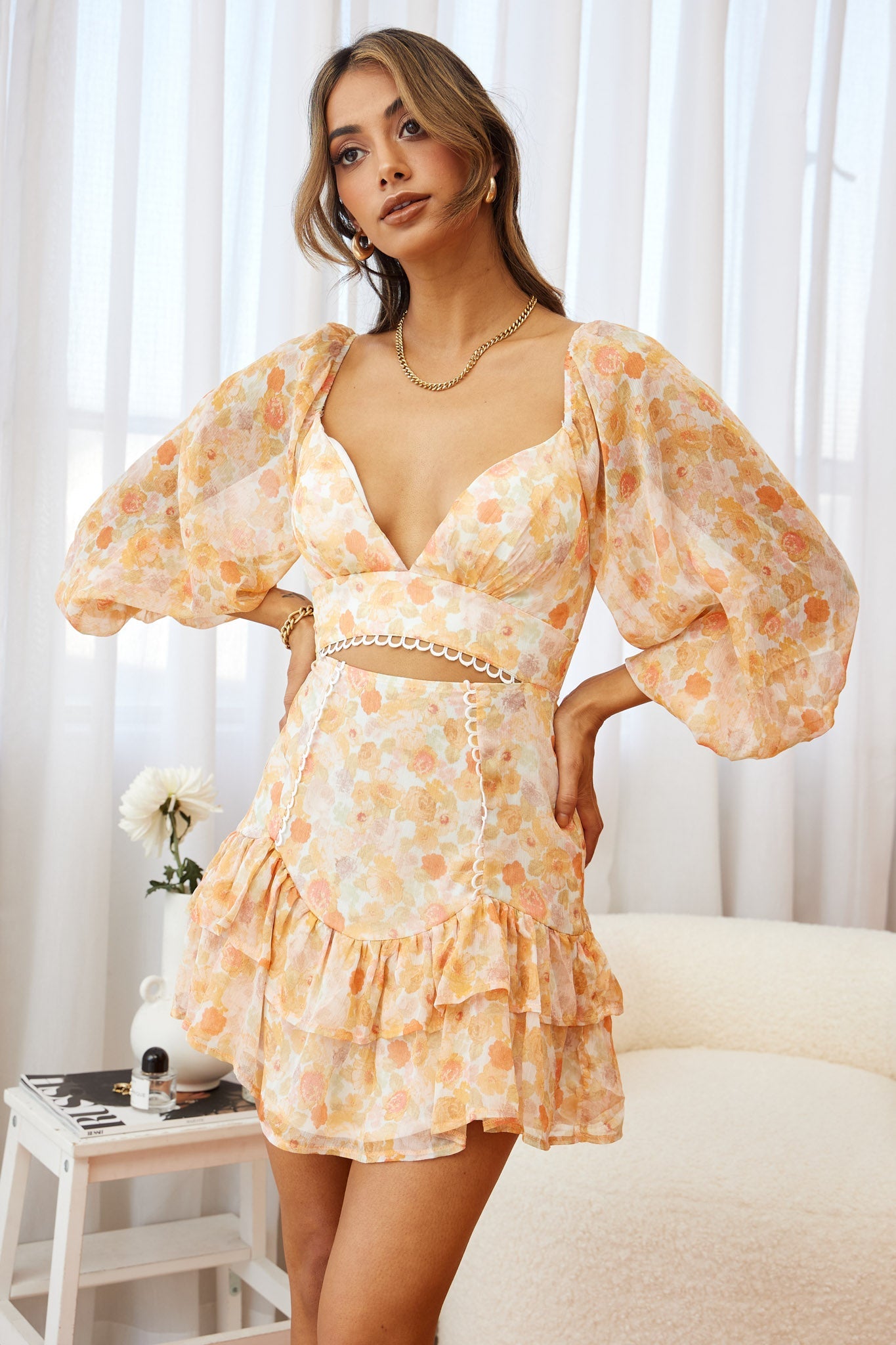 Dearly Beloved Balloon Sleeve Layered Frill Hem Dress Floral Print Orange by Selfie Leslie