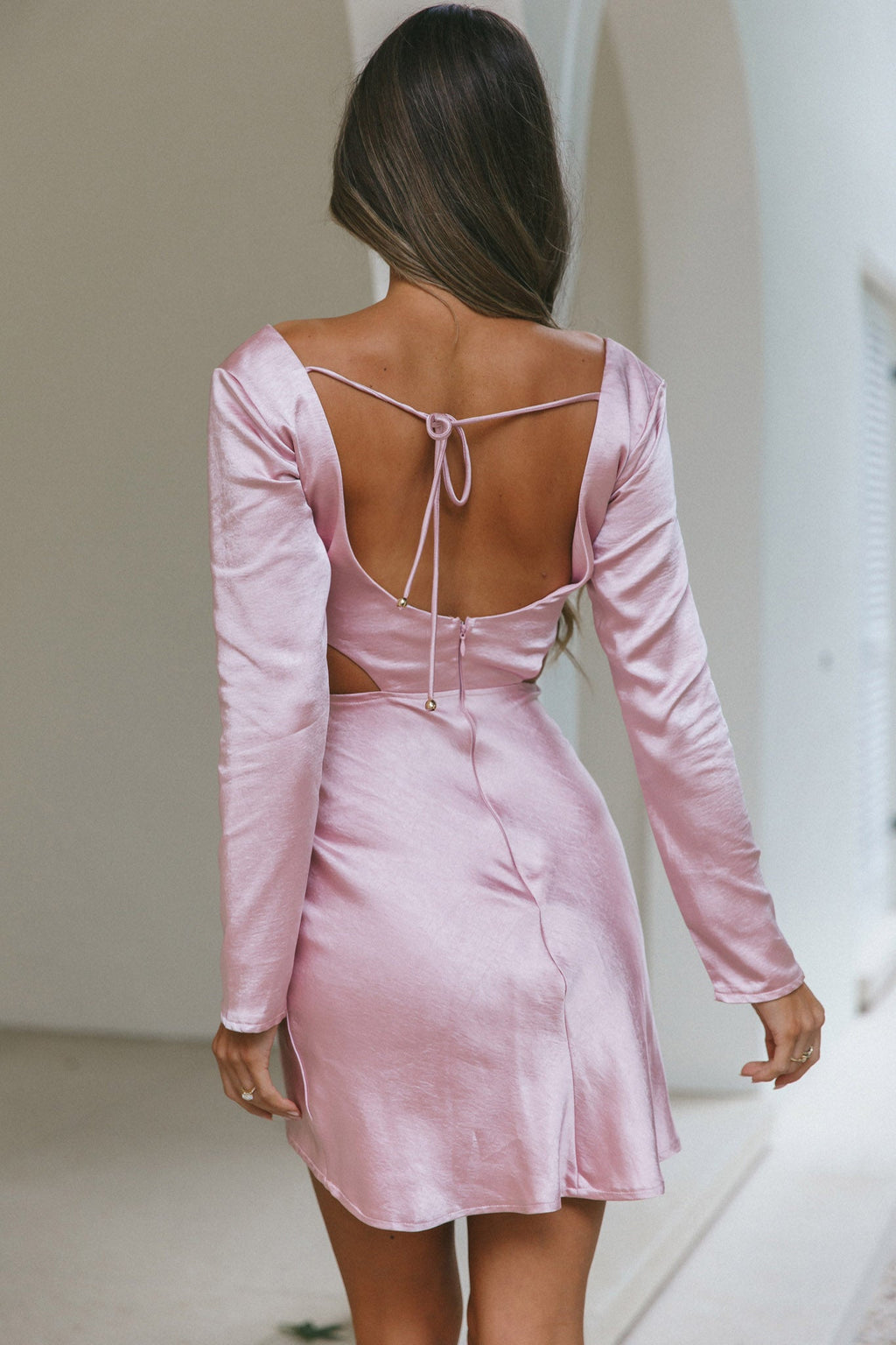 Shaken Not Stirred Cut-Out Waist Long Sleeve Pleat Mini Dress Blush by Selfie Leslie