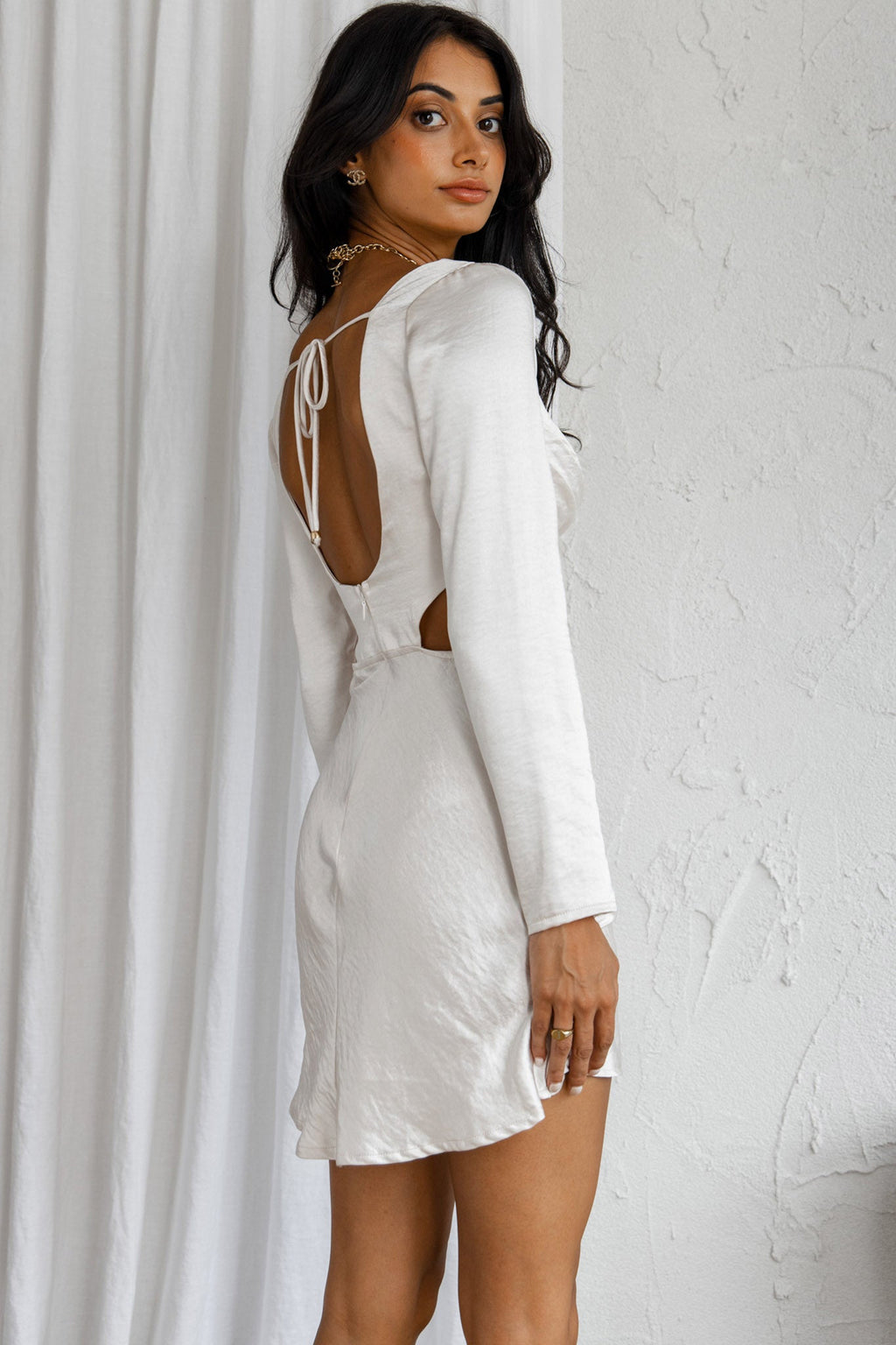 Shaken Not Stirred Cut-Out Waist Long Sleeve Pleat Mini Dress Champagne by Selfie Leslie