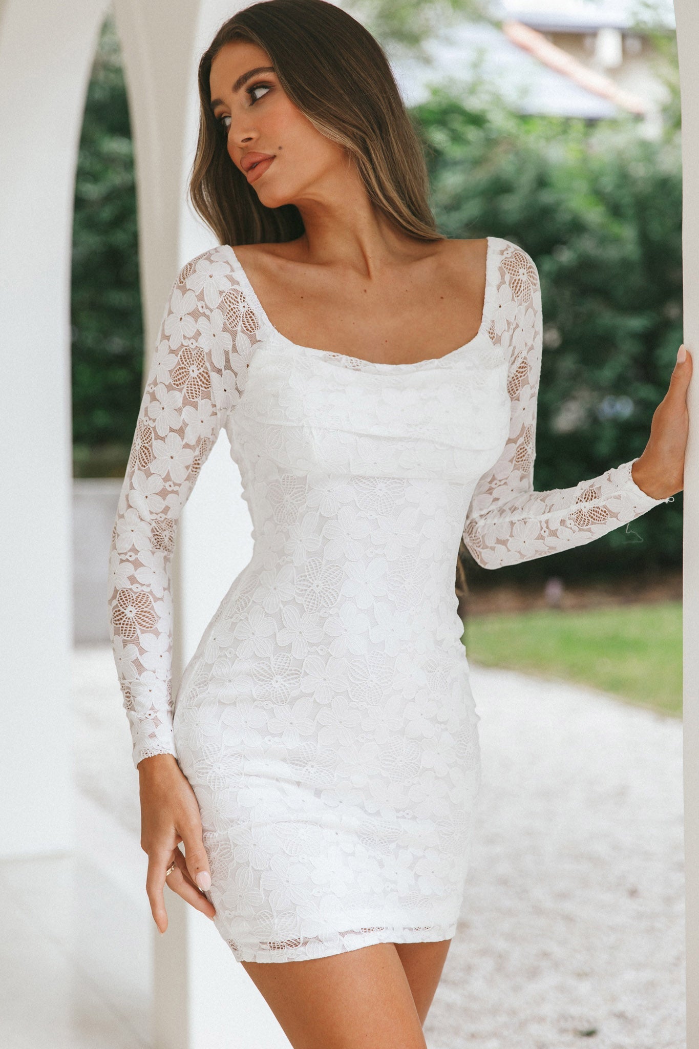 Freja Long Sleeve Cowl Neck Lace Mini Dress White by Selfie Leslie