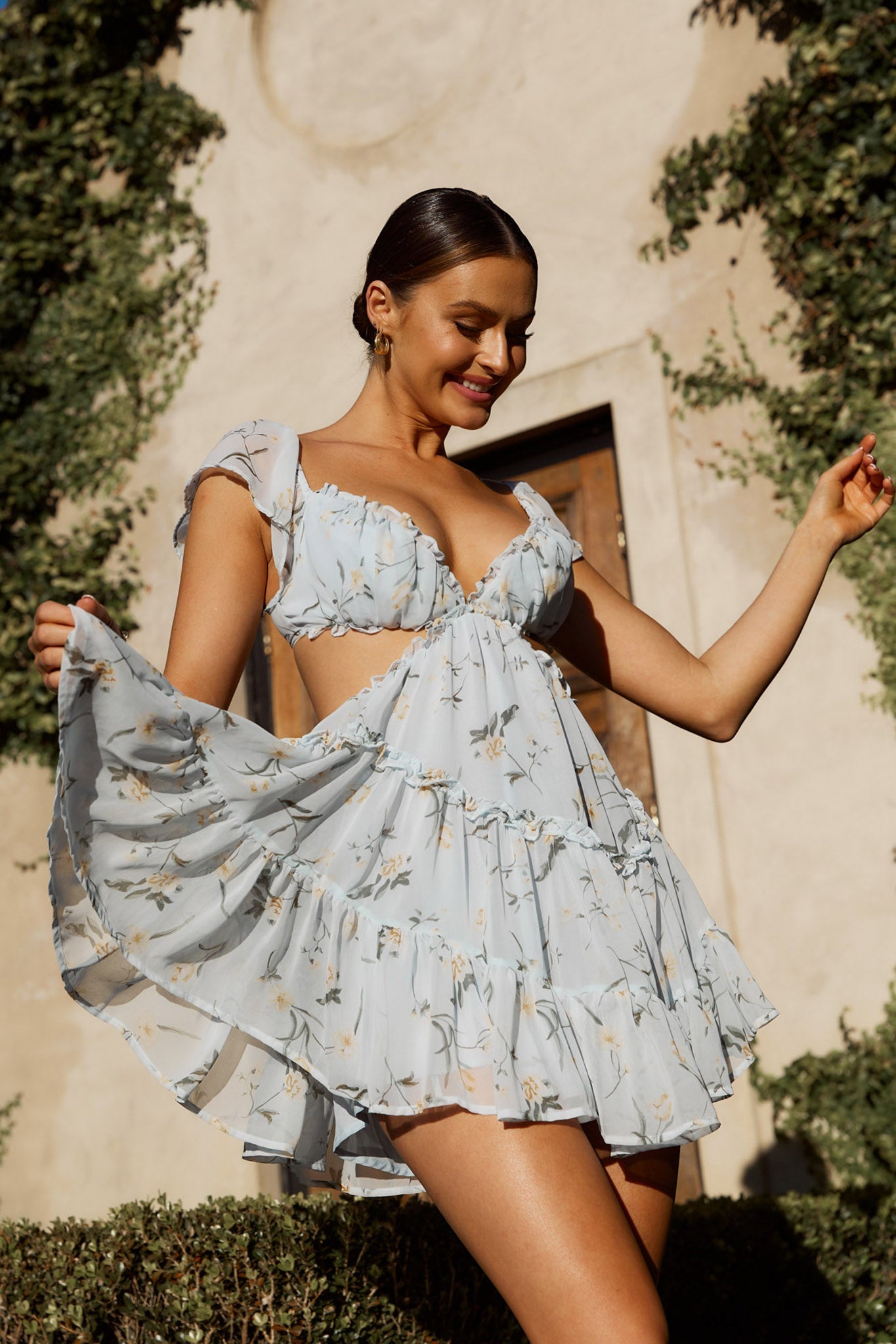 Shiara Cut-Out Waist Mini Dress Floral Blue/Yellow by Selfie Leslie