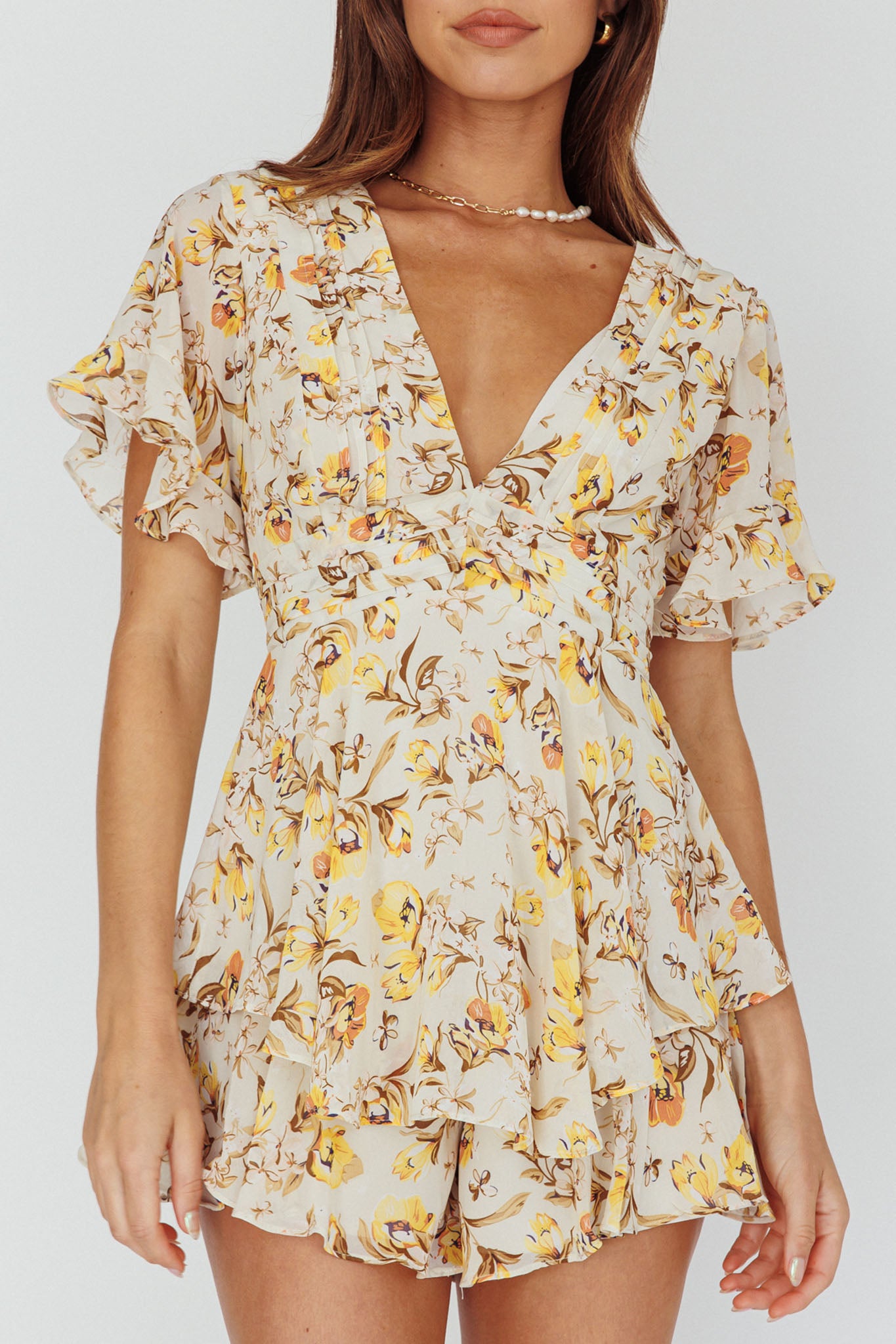 Golden Light Pintuck Pleat Romper Floral Beige by Selfie Leslie Australia