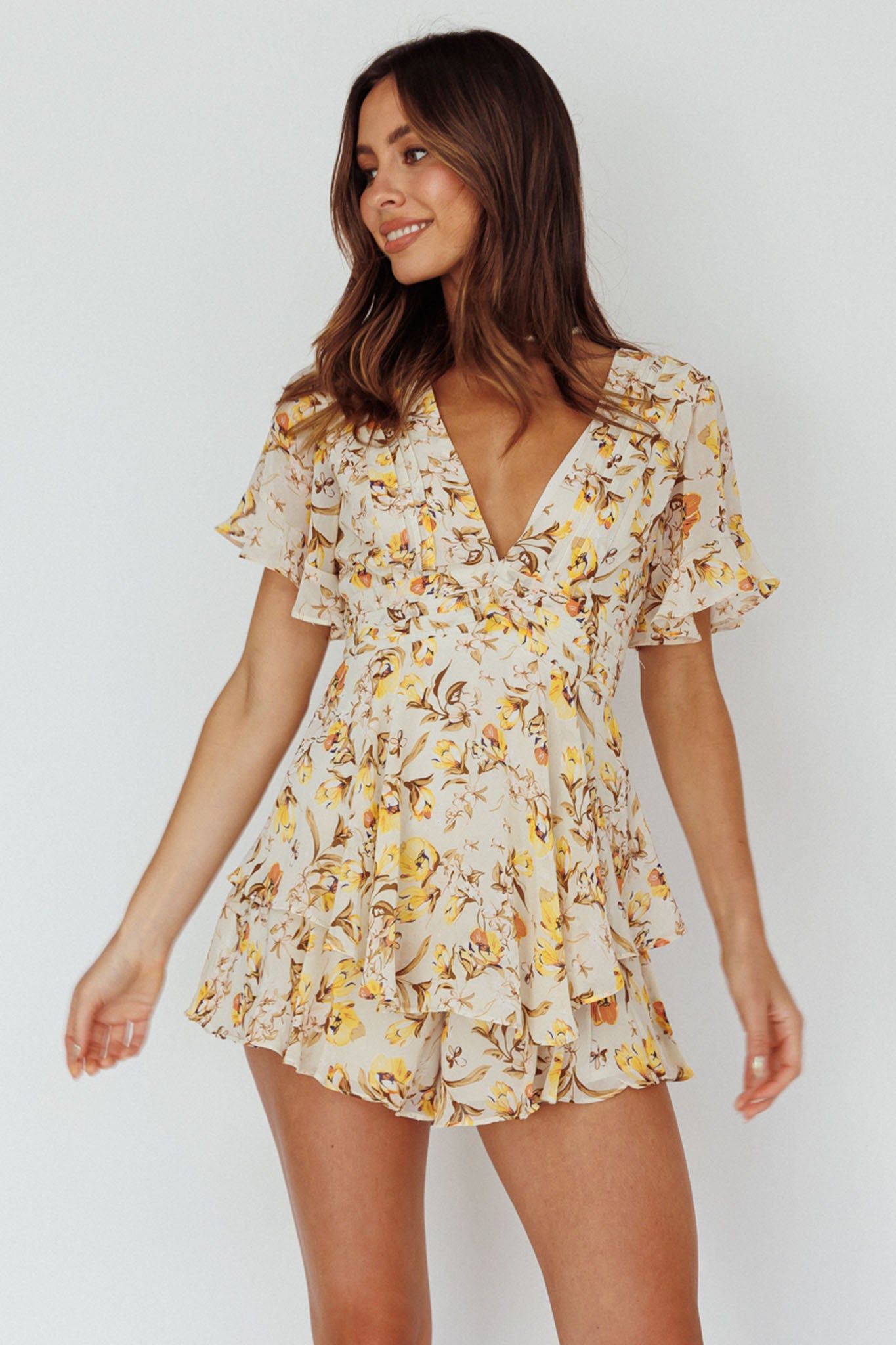 Golden Light Pintuck Pleat Romper Floral Beige by Selfie Leslie Australia