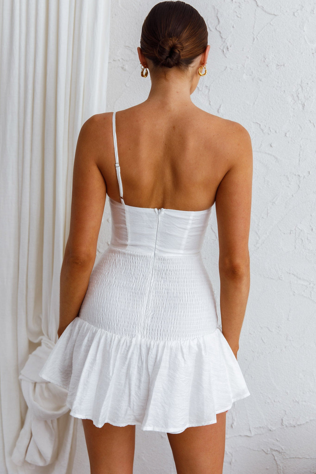 Bridie One Shoulder Shirred Mini Dress White by Selfie Leslie