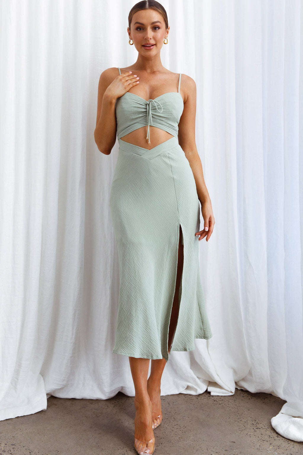 Twin Flame Drawstring Bust Midi Dress Sage by Selfie Leslie
