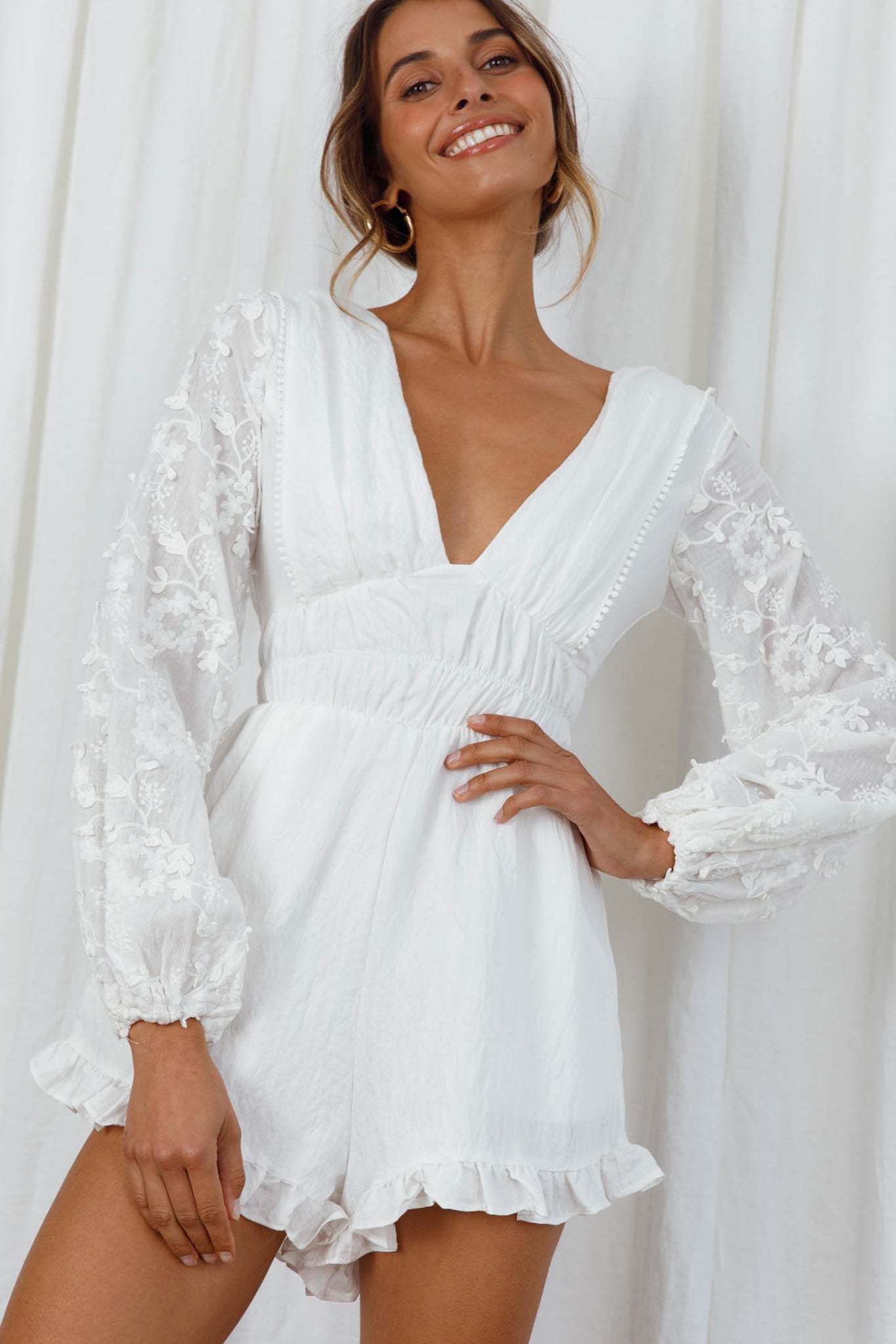 Novella Long Embellished Sleeve Frill Trim Romper White by Selfie Leslie