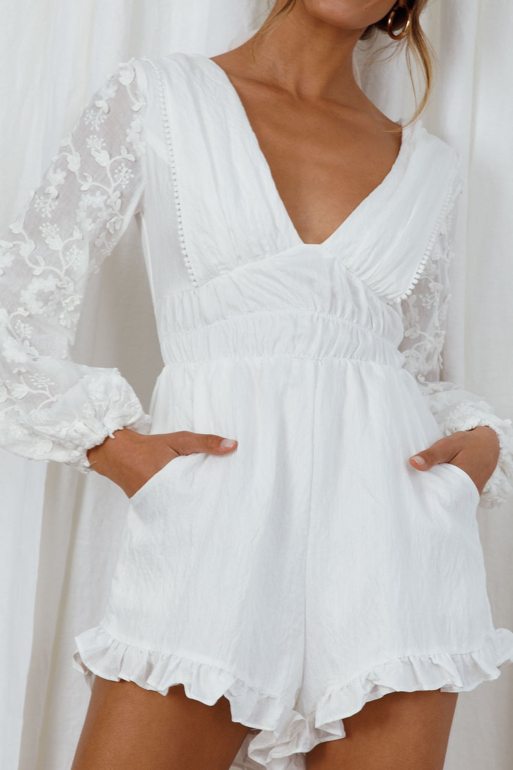 Novella Long Embellished Sleeve Frill Trim Romper White by Selfie Leslie