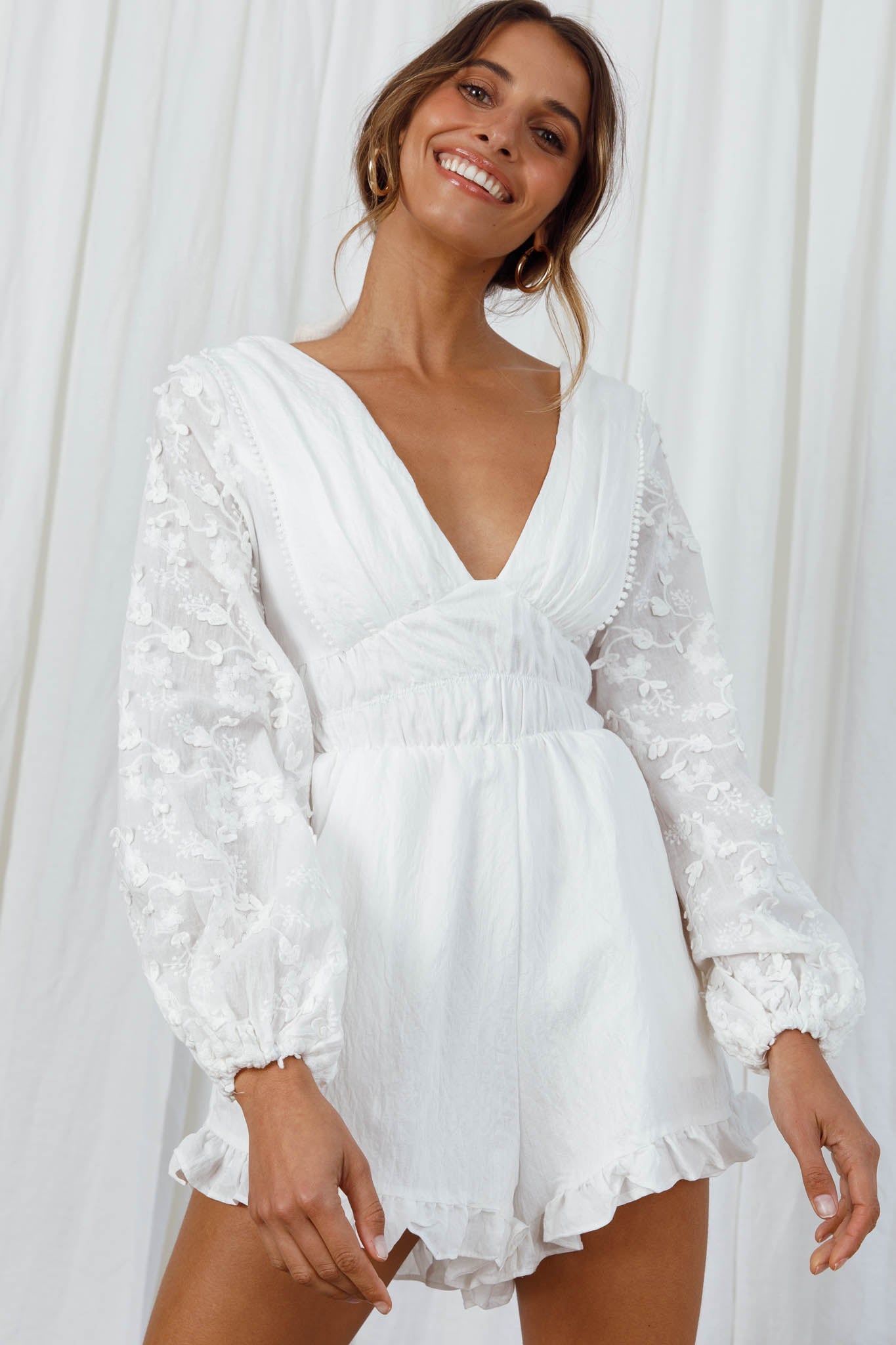 Novella Long Embellished Sleeve Frill Trim Romper White by Selfie Leslie