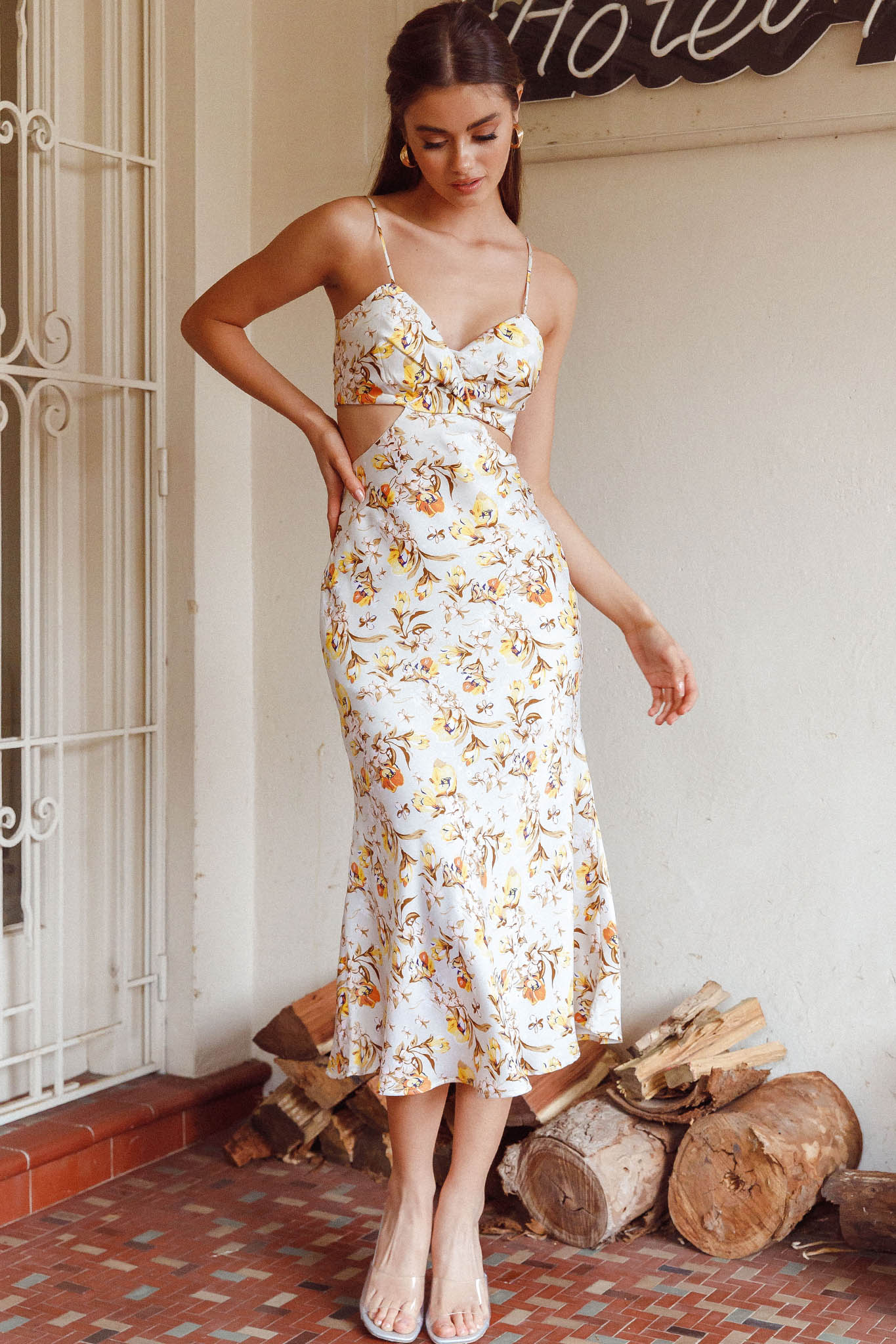 Cariba Cut-Out Waist Midi Dress Floral Yellow by Selfie Leslie Australia