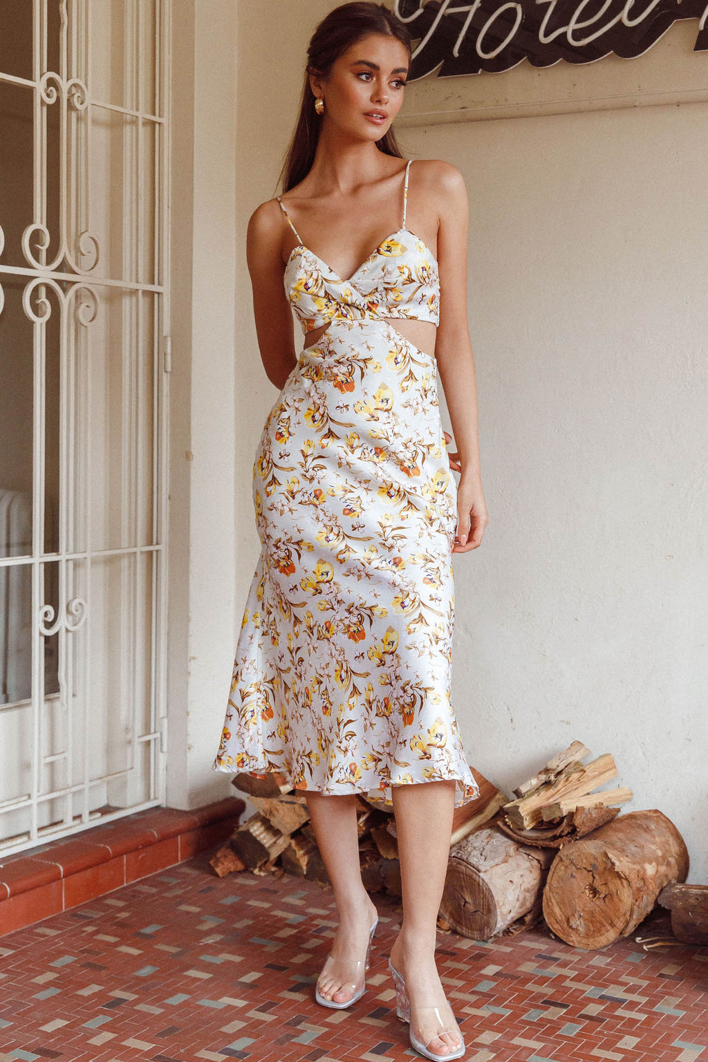 Cariba Cut-Out Waist Midi Dress Floral Yellow by Selfie Leslie Australia