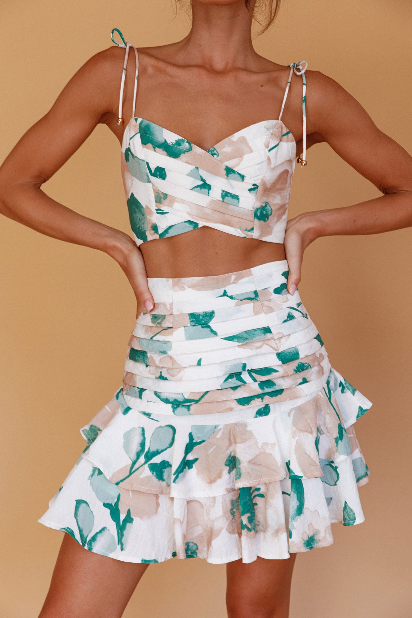 Janene Tied Shoulder Crop Top White/Olive by Selfie Leslie Australia