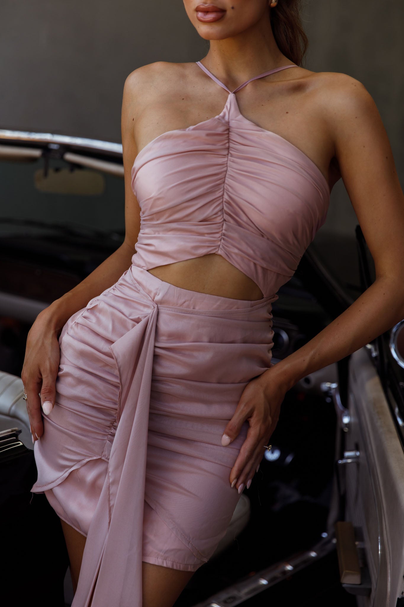 Casa Del Sol Ruched Cut-Out Dress Blush by Selfie Leslie