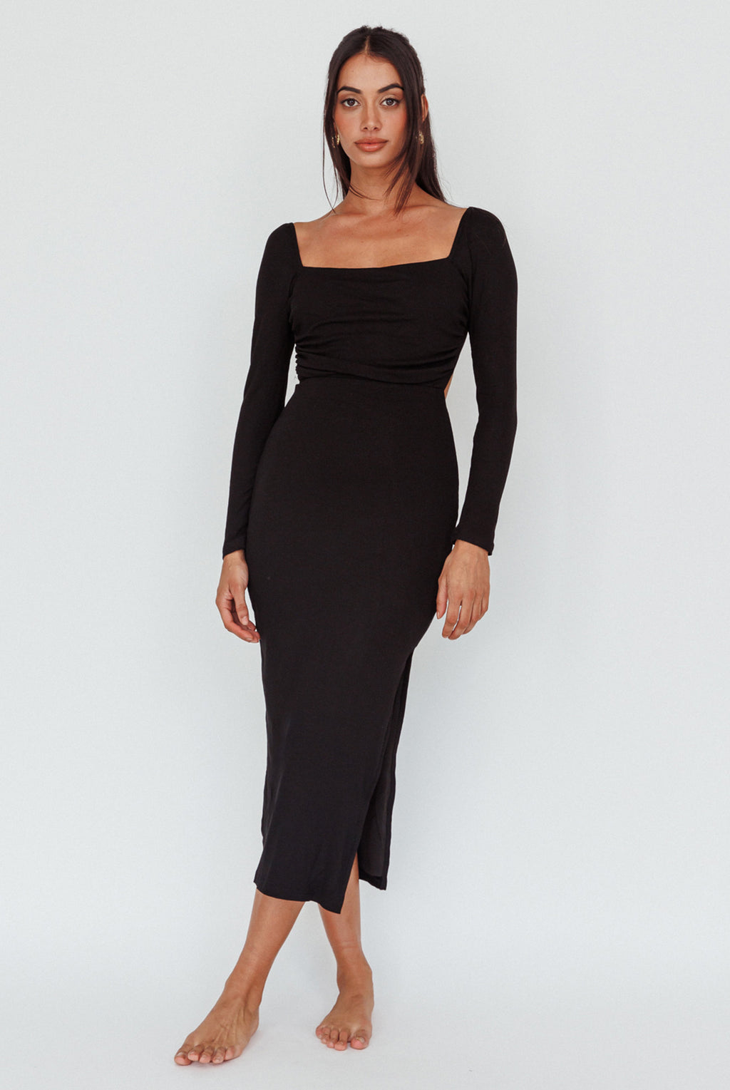 Dream Crush Long Sleeve Lace-Up Midi Dress Black by Selfie Leslie Australia