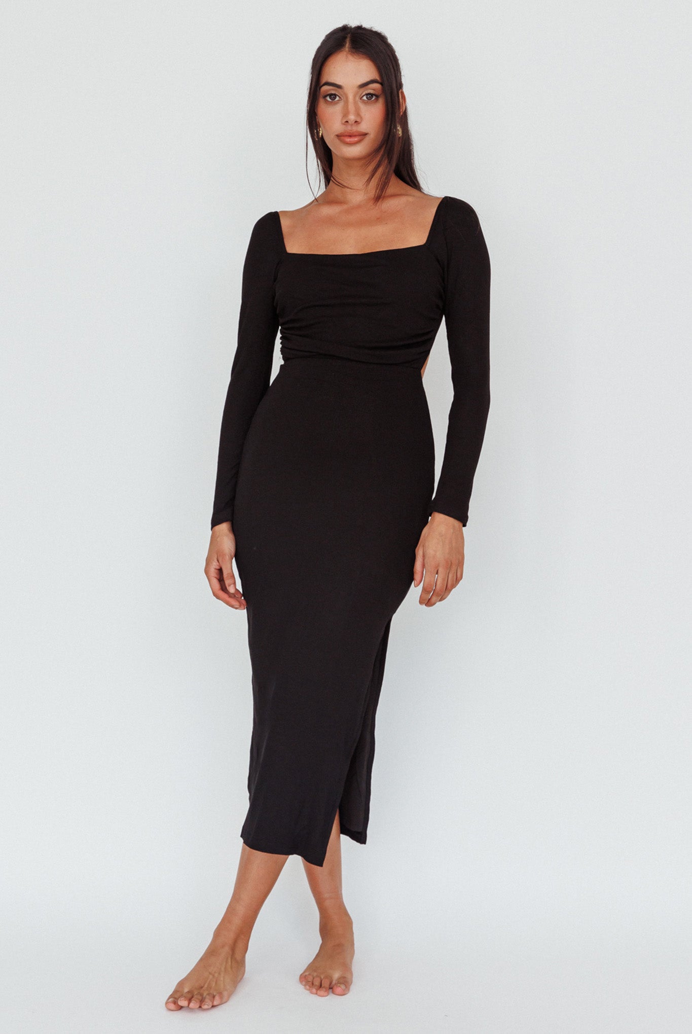 Dream Crush Long Sleeve Lace-Up Midi Dress Black by Selfie Leslie Australia