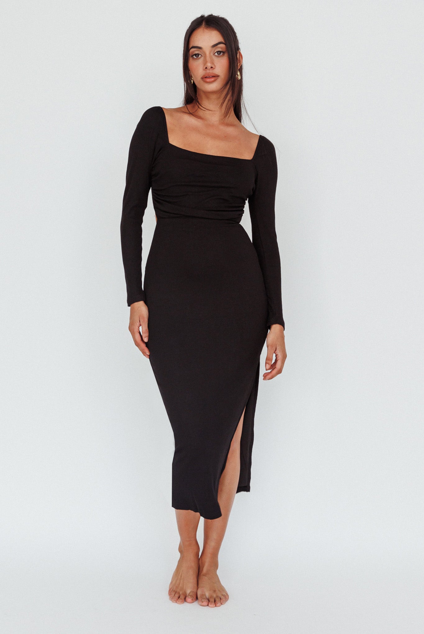 Dream Crush Long Sleeve Lace-Up Midi Dress Black by Selfie Leslie Australia