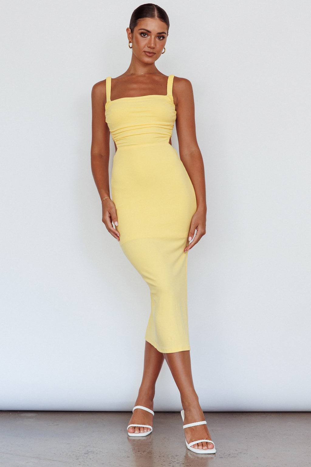 Dream Crush Lace-Up Back Side Split Midi Dress Lemon by Selfie Leslie Australia