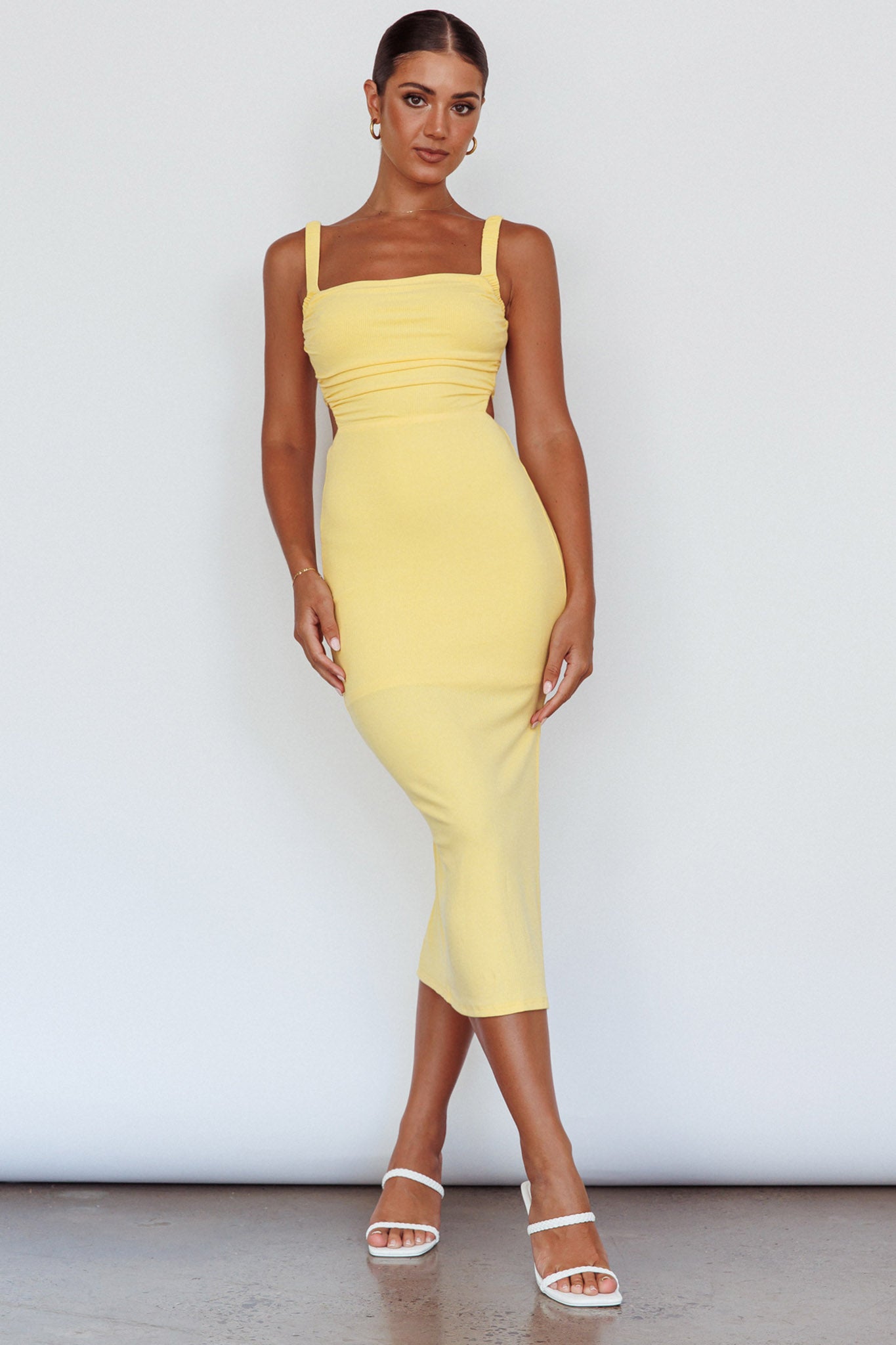Dream Crush Lace-Up Back Side Split Midi Dress Lemon by Selfie Leslie Australia