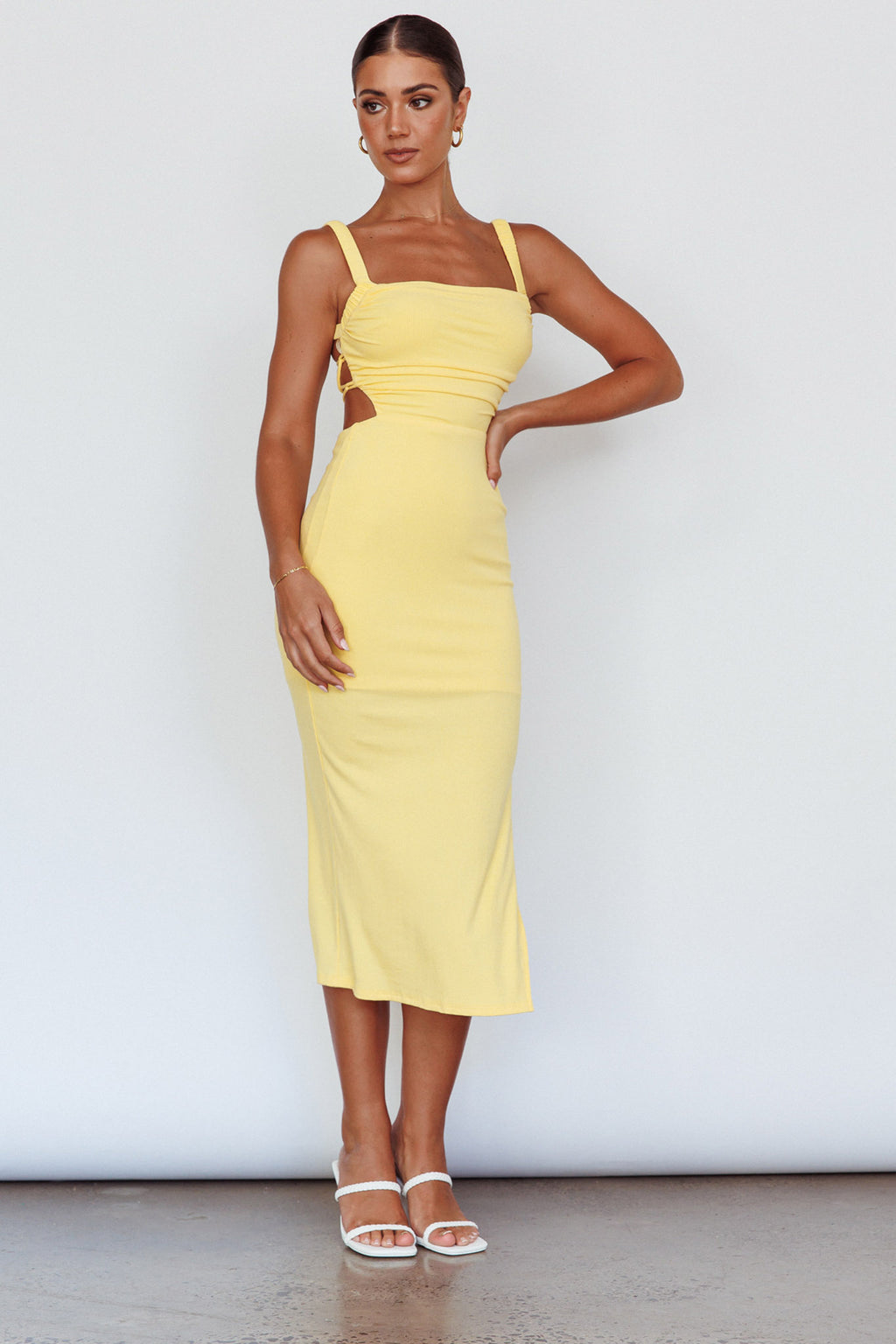 Dream Crush Lace-Up Back Side Split Midi Dress Lemon by Selfie Leslie Australia