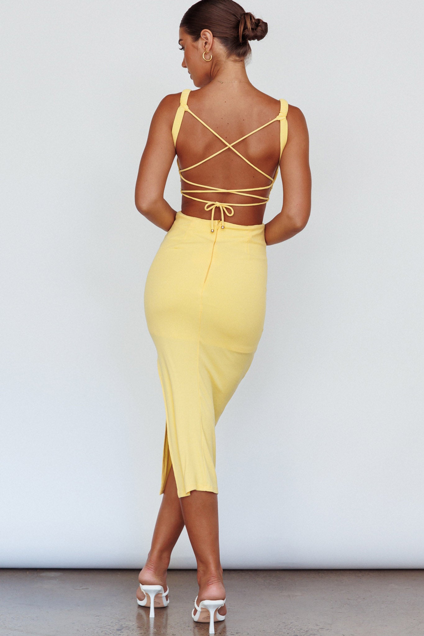 Dream Crush Lace-Up Back Side Split Midi Dress Lemon by Selfie Leslie Australia