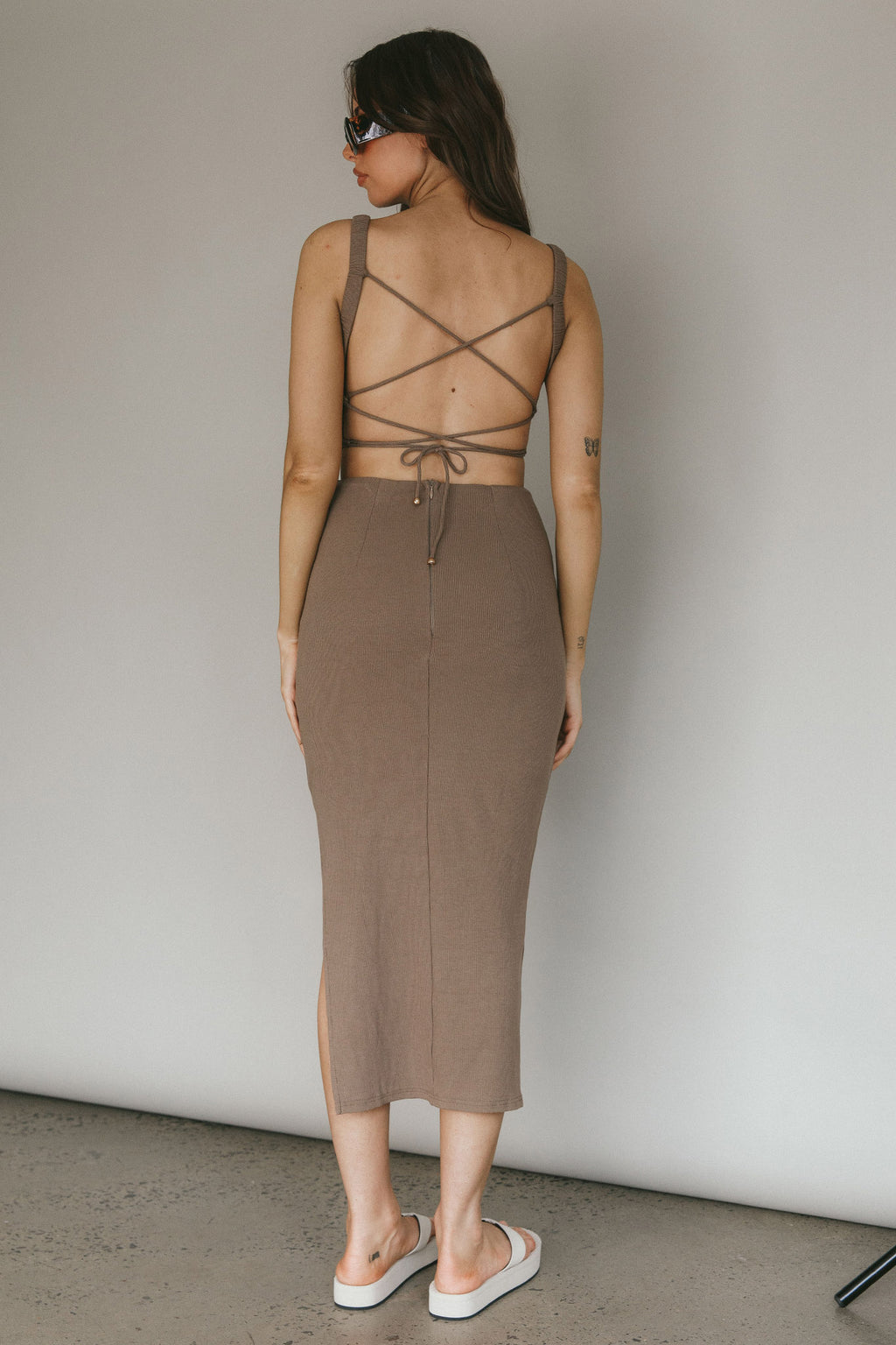 Dream Crush Lace-Up Back Side Split Midi Dress Khaki by Selfie Leslie Australia