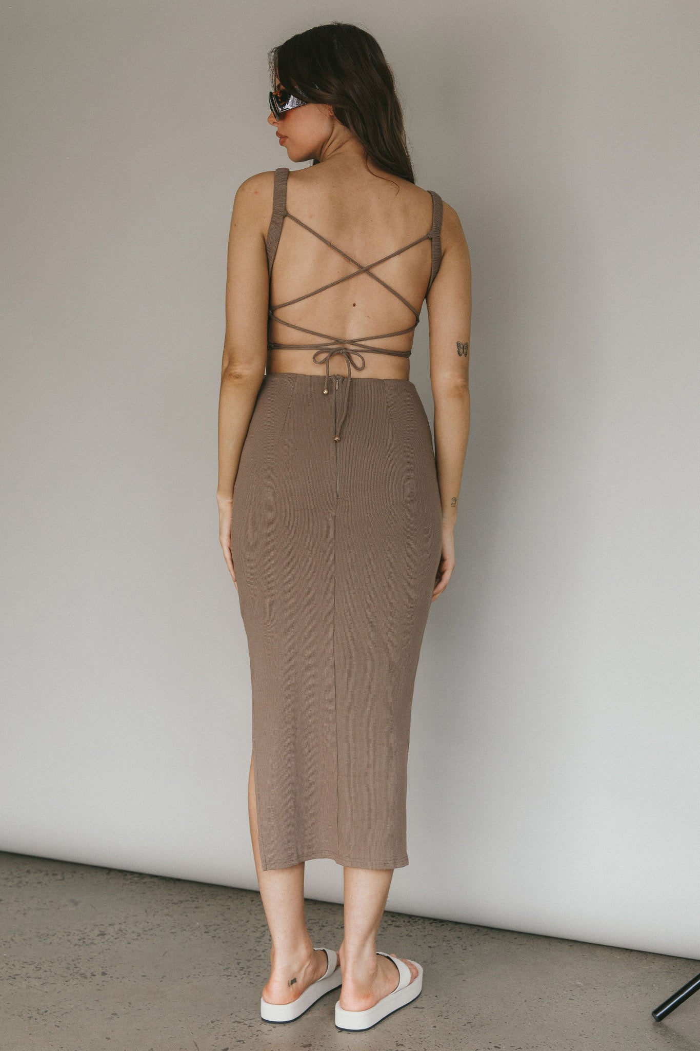 Dream Crush Lace-Up Back Side Split Midi Dress Khaki by Selfie Leslie Australia