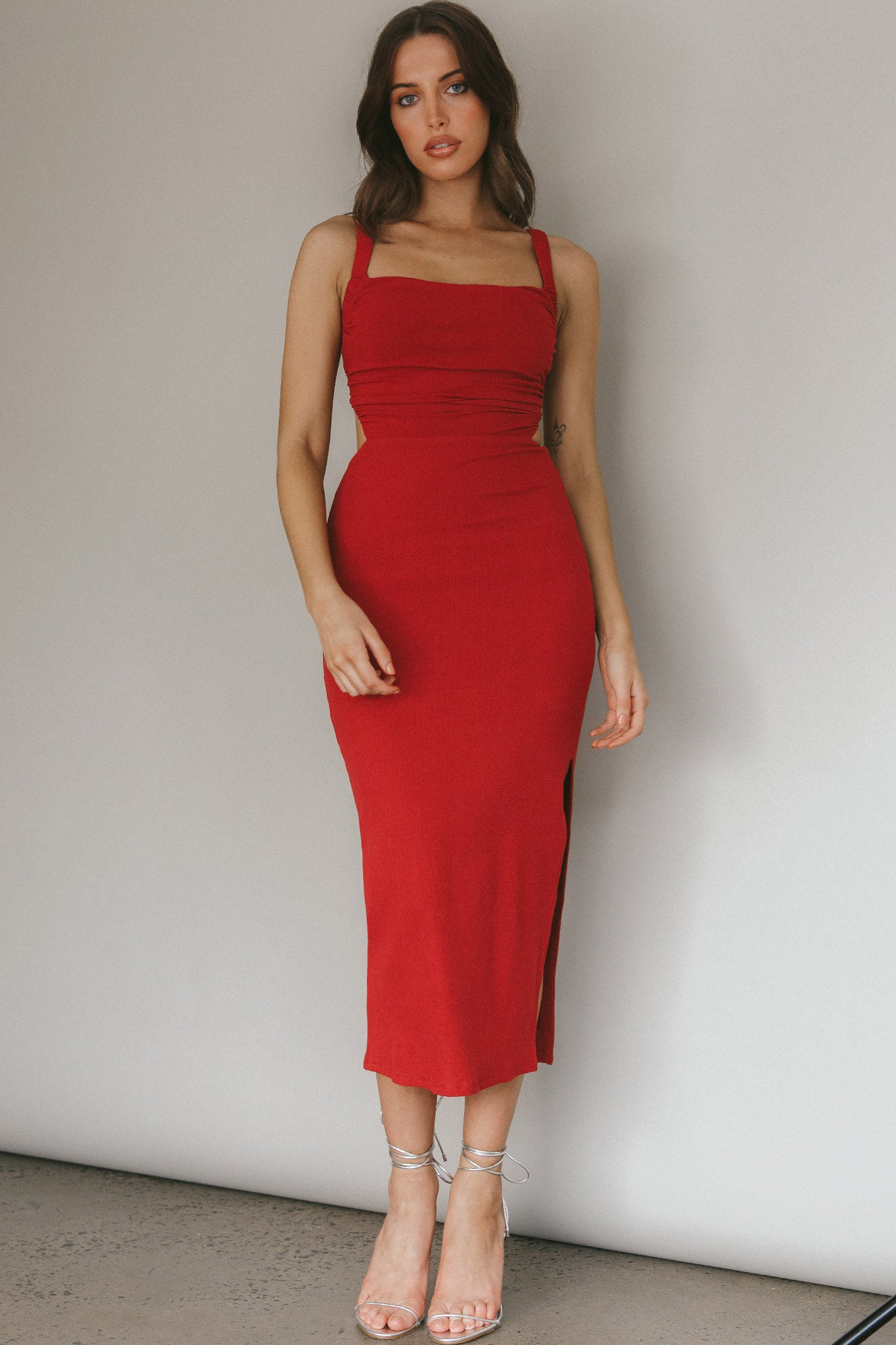 Dream Crush Lace-Up Back Side Split Midi Dress Wine by Selfie Leslie Australia