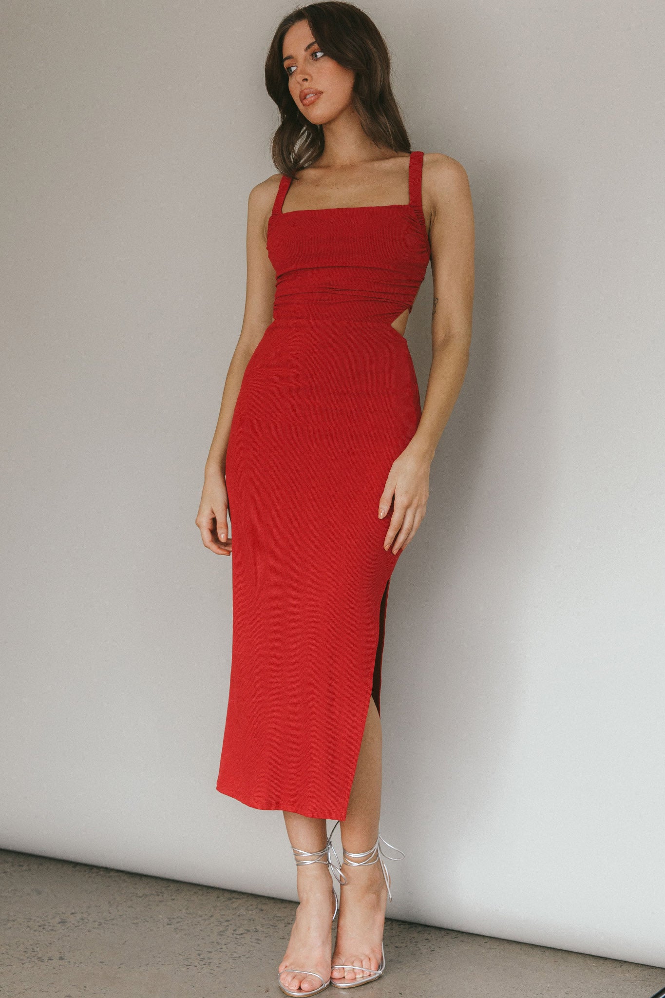 Dream Crush Lace-Up Back Side Split Midi Dress Wine by Selfie Leslie Australia