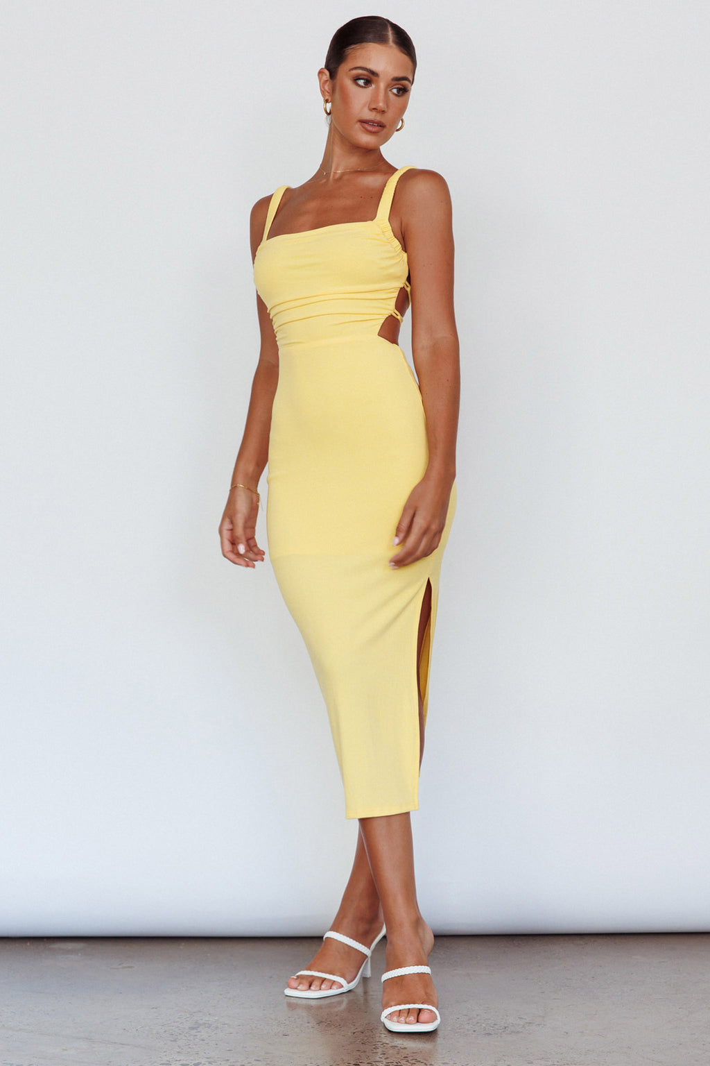 Dream Crush Lace-Up Back Side Split Midi Dress Yellow by Selfie Leslie Australia