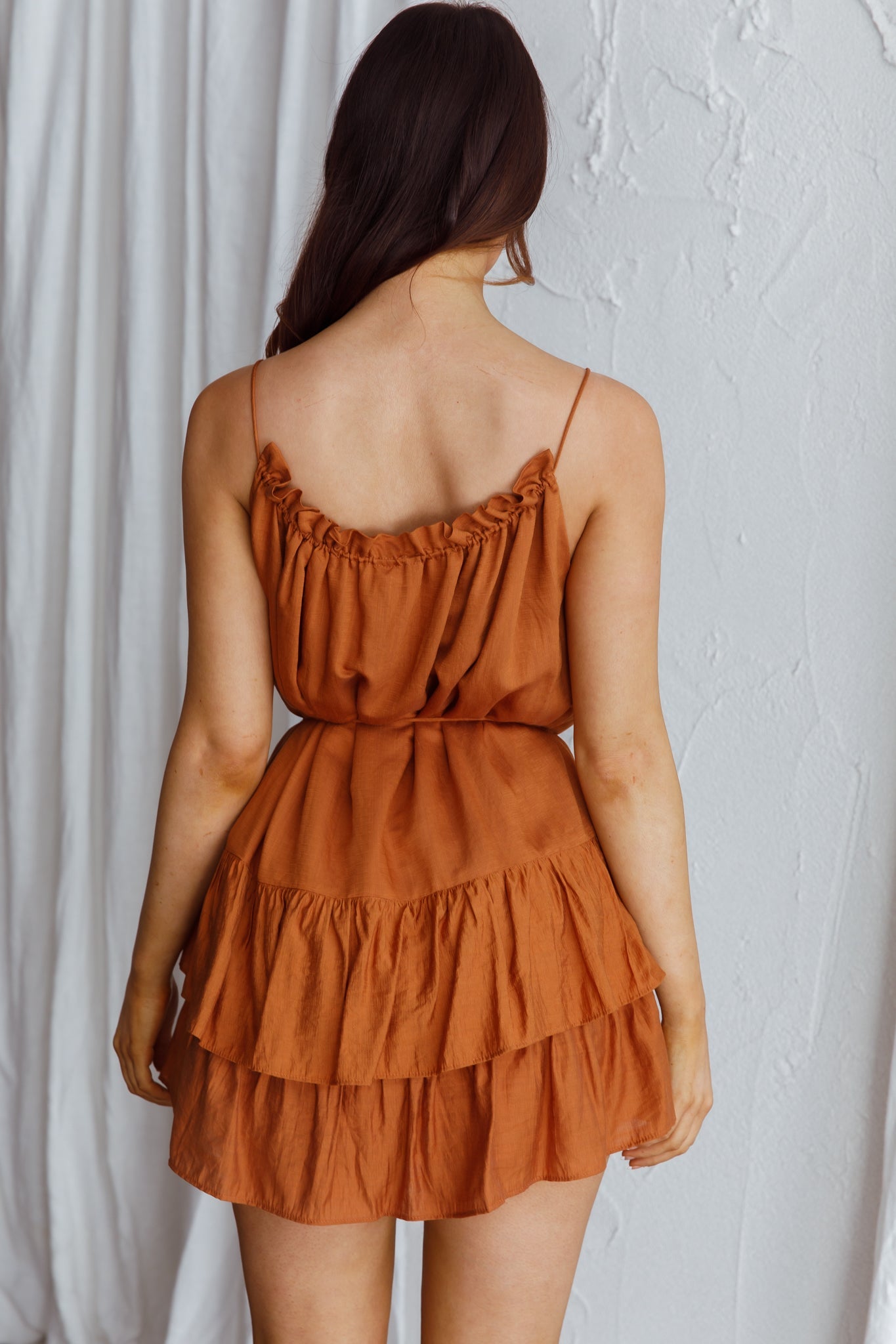 Madeira Drawstring Neckline Frill Mini Dress Tan by Selfie Leslie