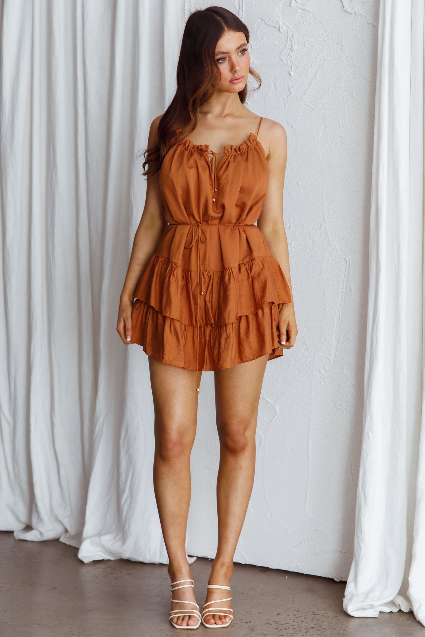 Madeira Drawstring Neckline Frill Mini Dress Tan by Selfie Leslie