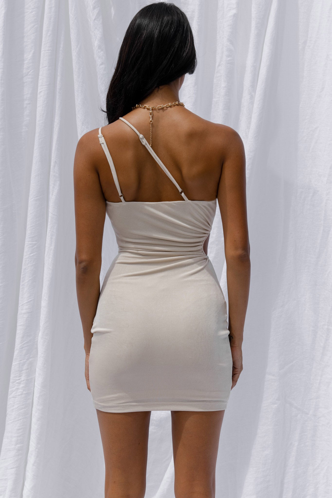 Dress Code One-Shoulder Keyhole Feature Mini Dress Oatmeal by Selfie Leslie