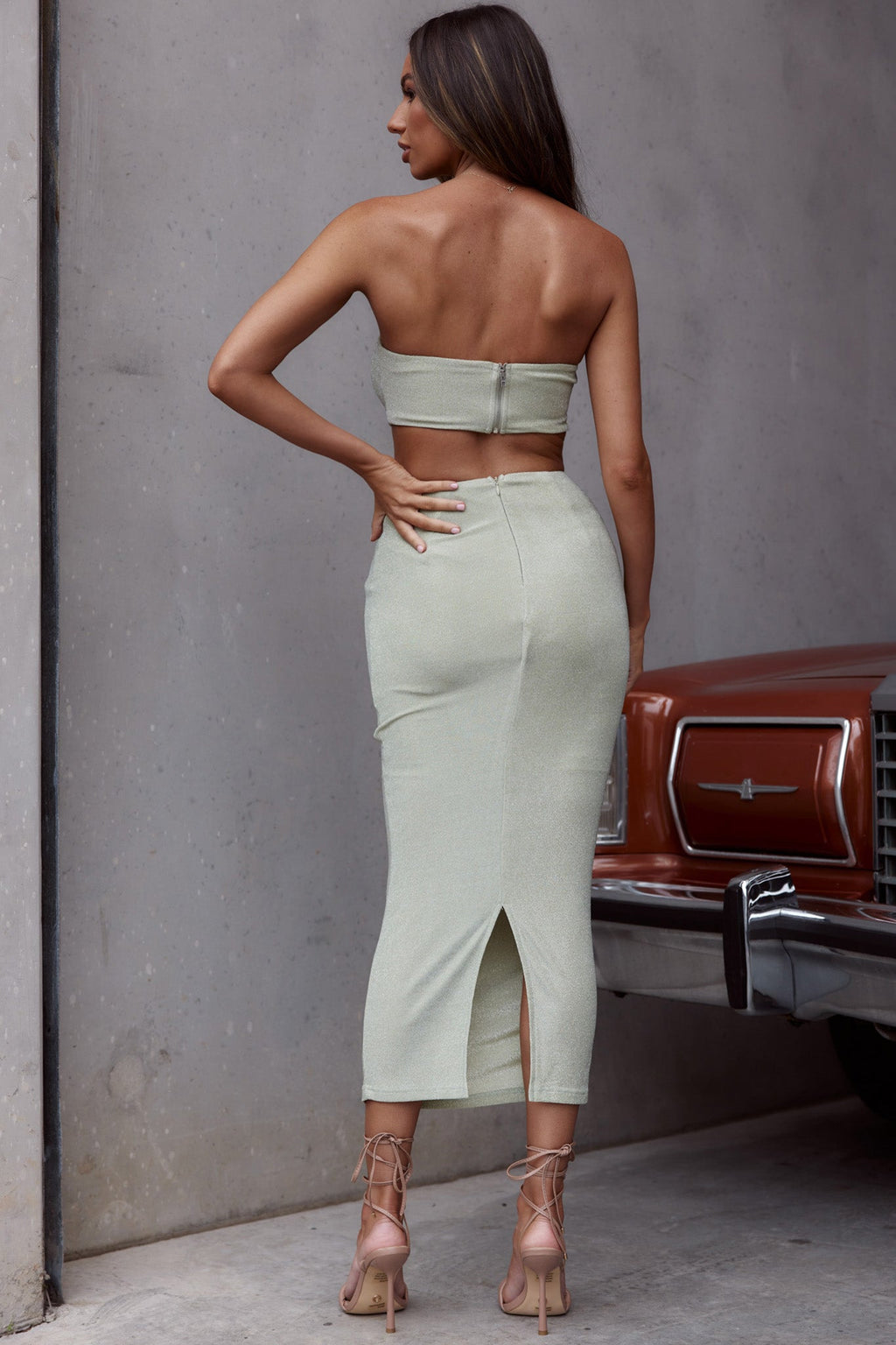 Paradiso Strapless Cut-Out Waist Midi Dress Matcha by Selfie Leslie