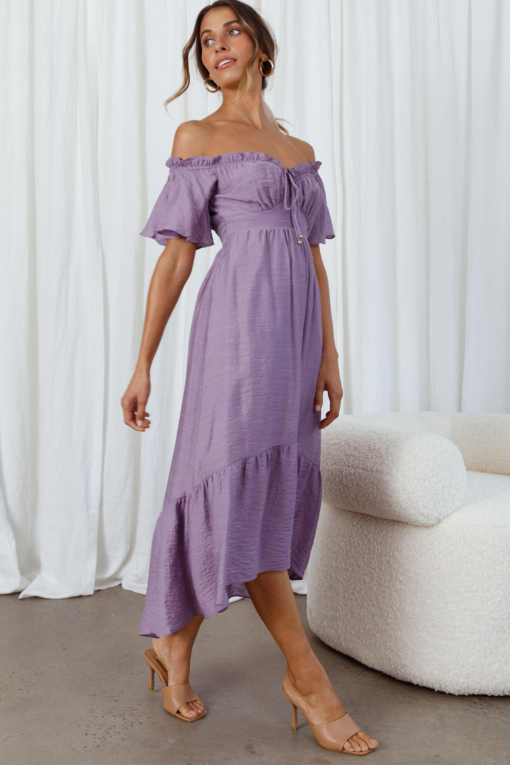 Dandelion Off-Shoulder Tied Back Midi Dress Purple by Selfie Leslie