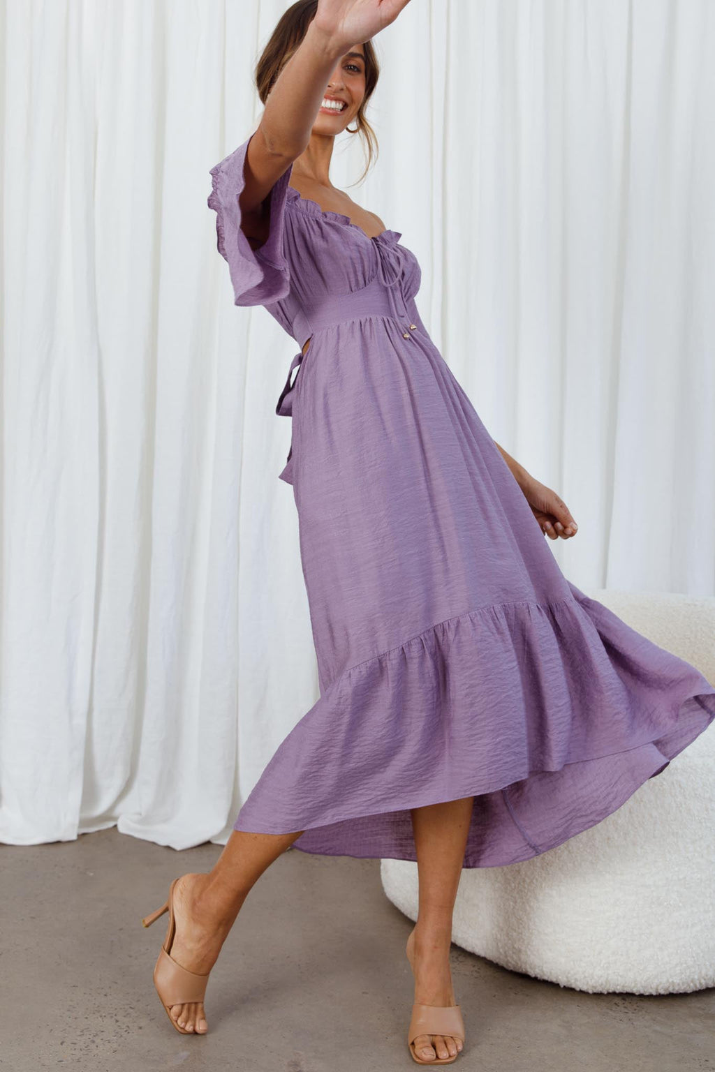 Dandelion Off-Shoulder Tied Back Midi Dress Purple by Selfie Leslie