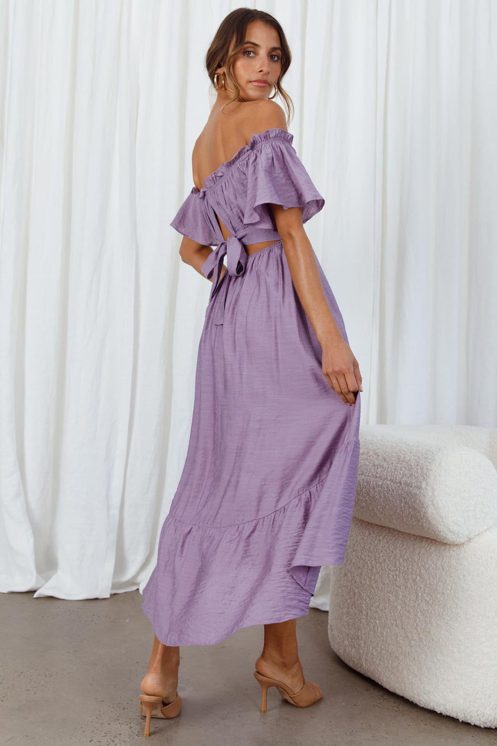 Dandelion Off-Shoulder Tied Back Midi Dress Purple by Selfie Leslie