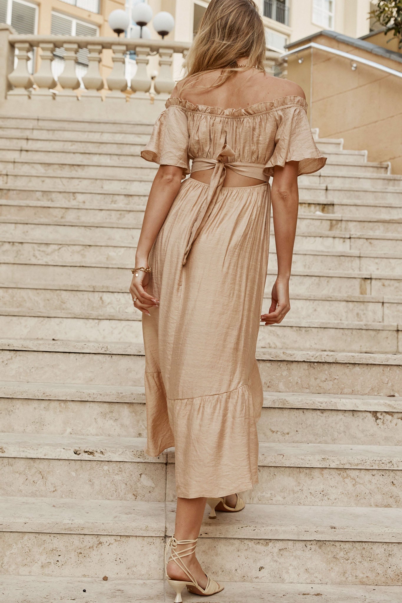 Dandelion Off-Shoulder Tied Back Midi Dress Sand by Selfie Leslie