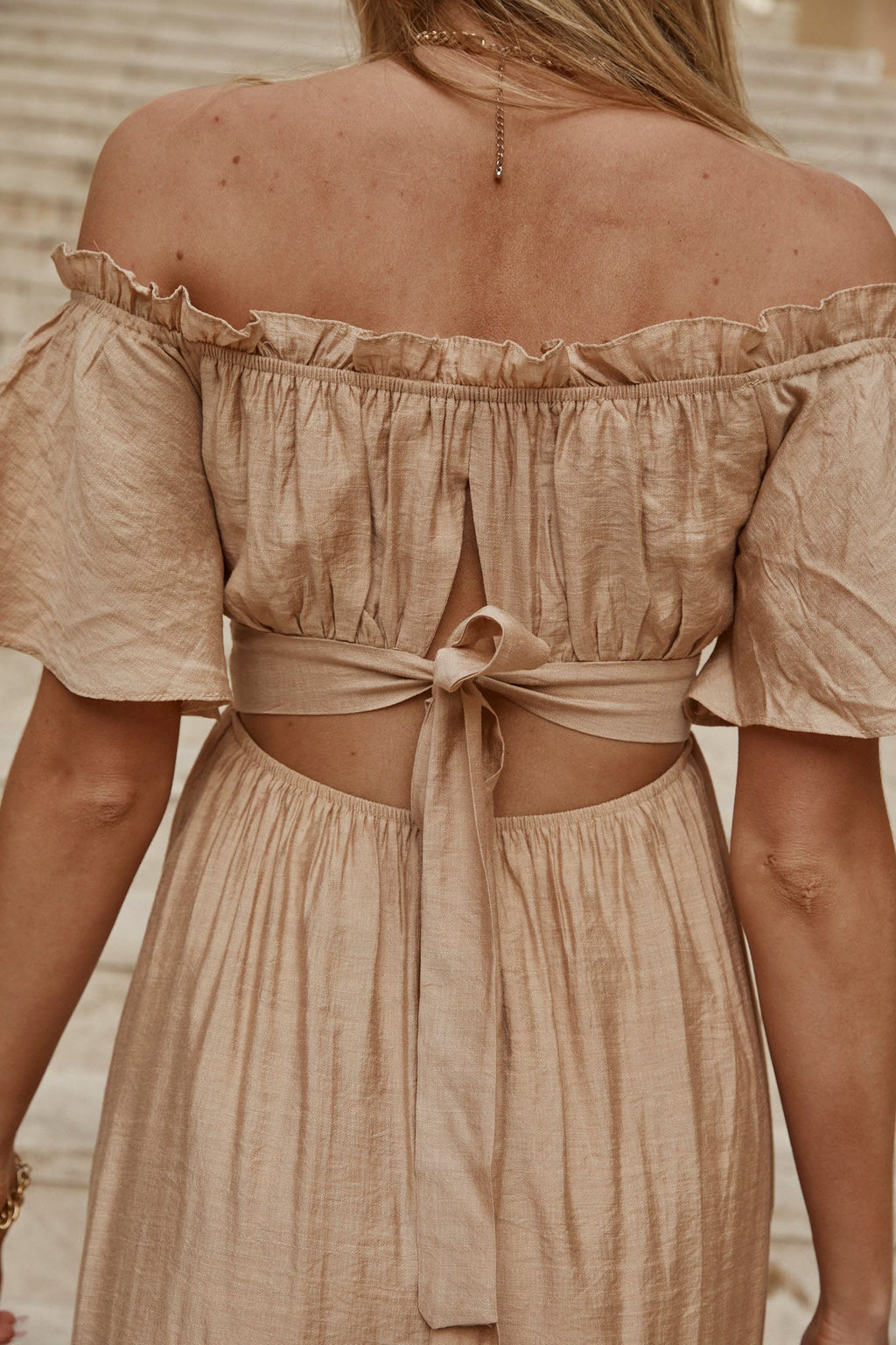 Dandelion Off-Shoulder Tied Back Midi Dress Sand by Selfie Leslie