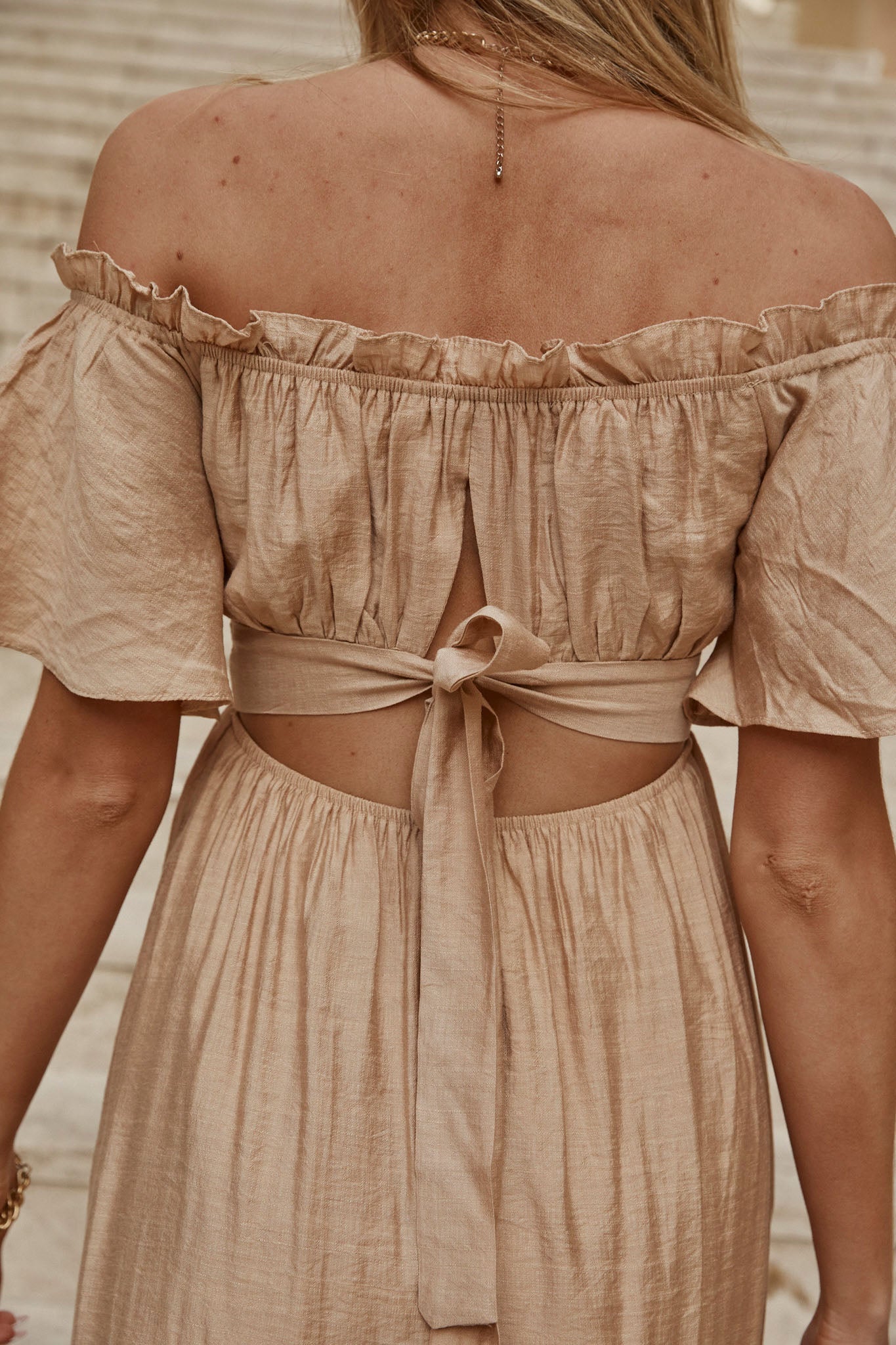 Dandelion Off-Shoulder Tied Back Midi Dress Sand by Selfie Leslie