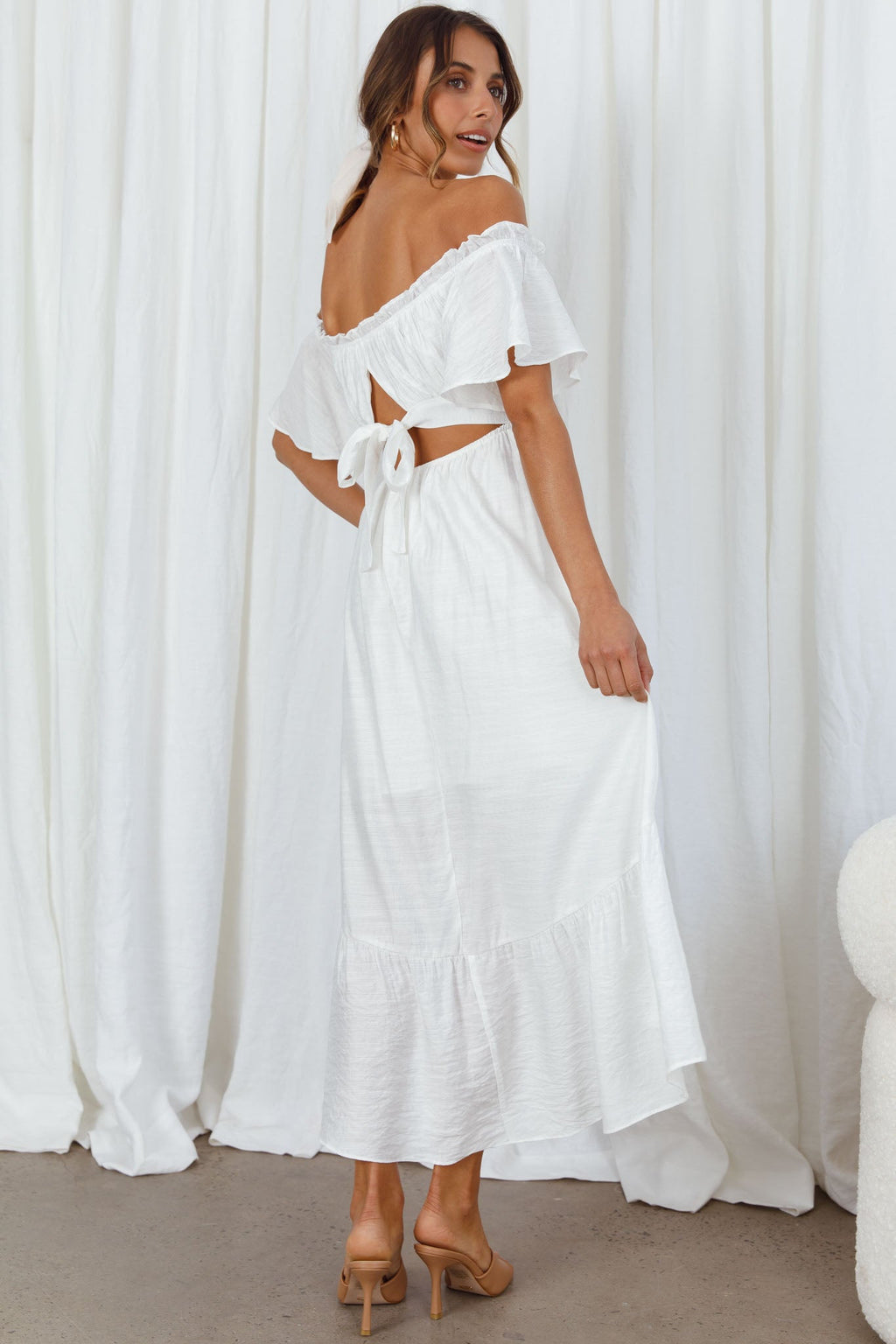 Dandelion Off-Shoulder Tied Back Midi Dress White by Selfie Leslie
