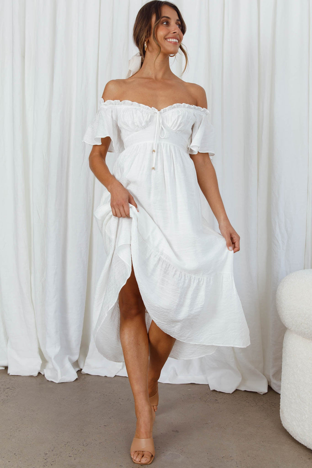 Dandelion Off-Shoulder Tied Back Midi Dress White by Selfie Leslie