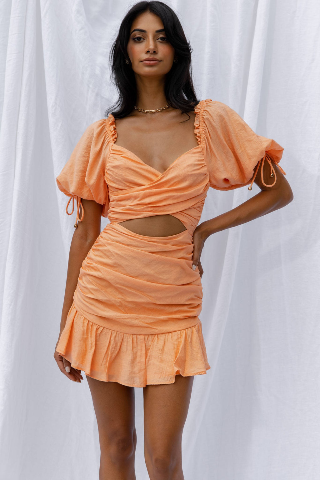 Mariel Puff Sleeve Crossover Bust Tied Back Mini Dress Mango by Selfie Leslie