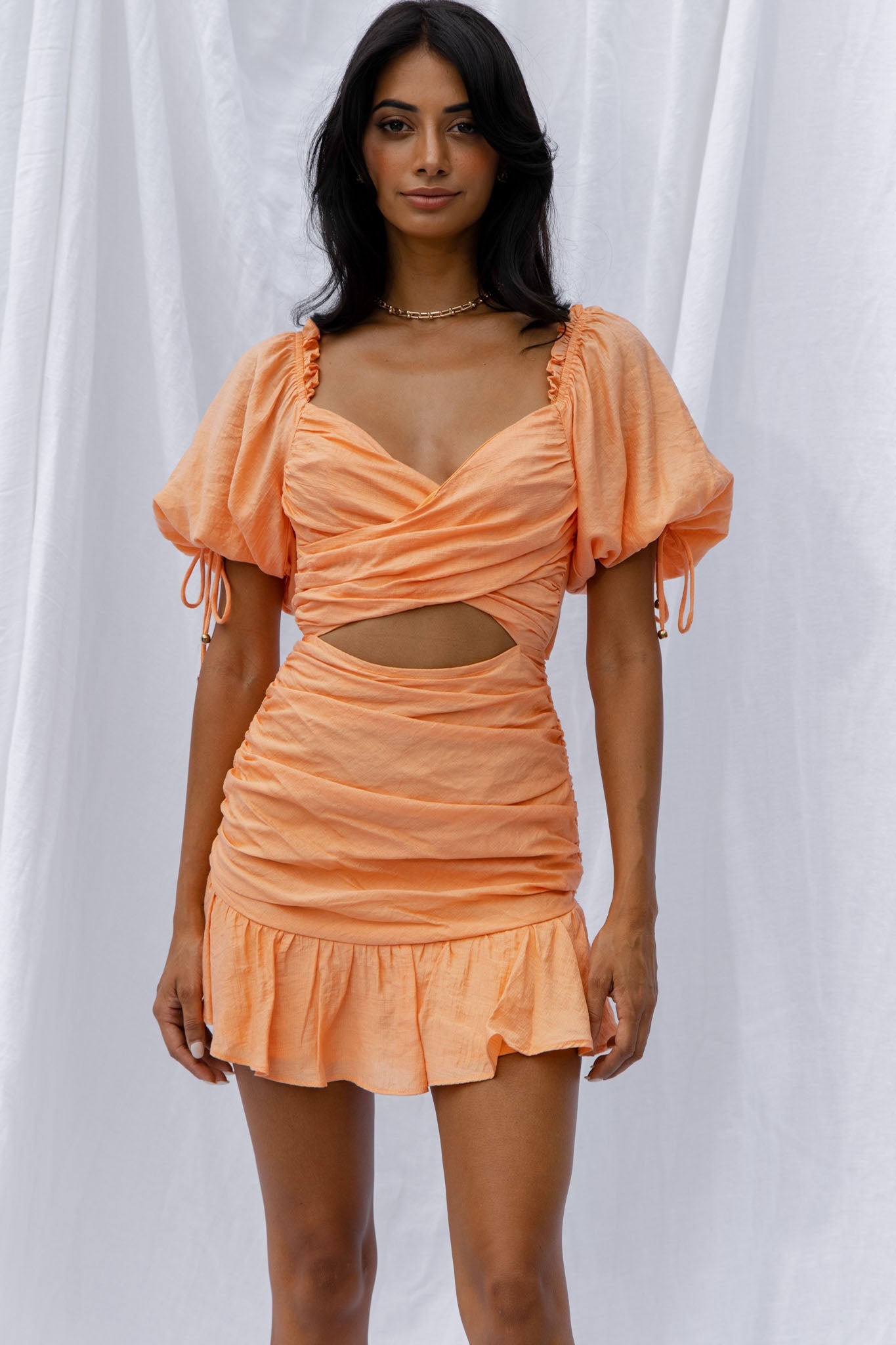 Mariel Puff Sleeve Crossover Bust Tied Back Mini Dress Mango by Selfie Leslie