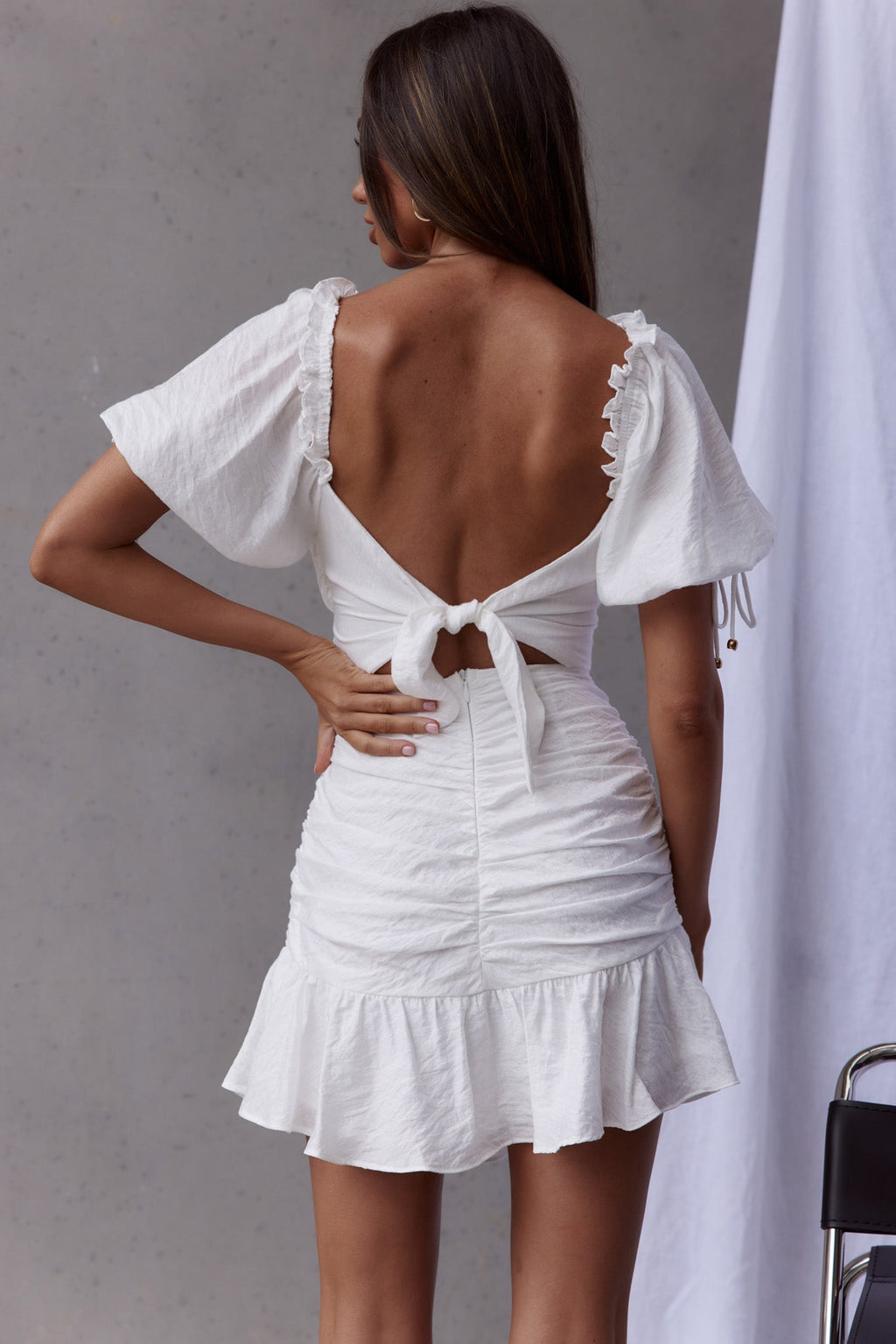Mariel Puff Sleeve Crossover Bust Tied Back Mini Dress White by Selfie Leslie