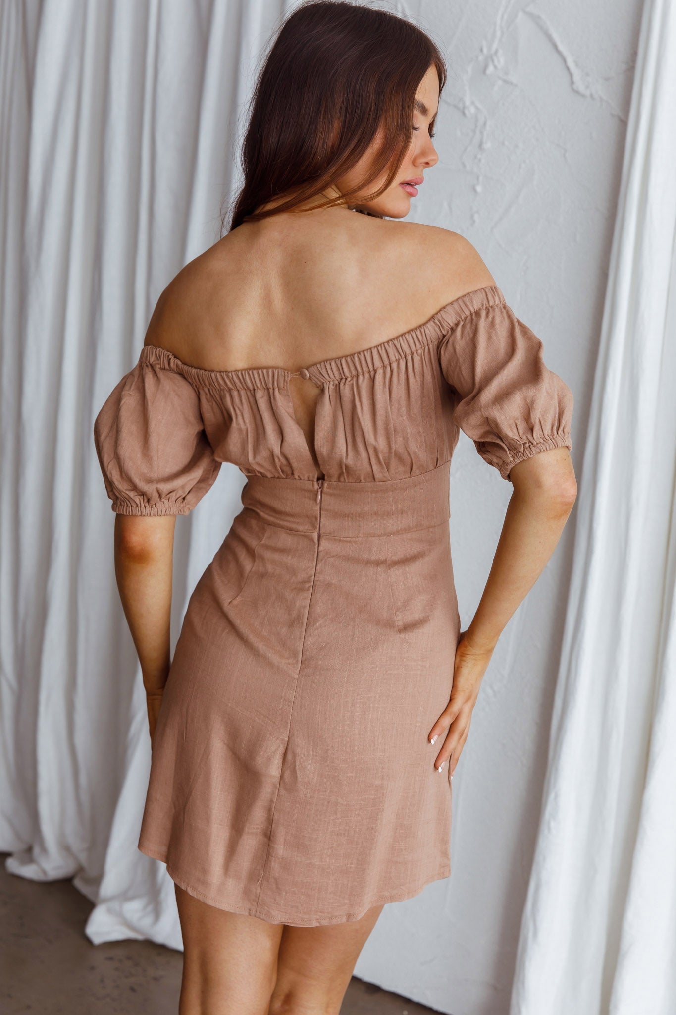 Dayanara Off-Shoulder Puff Sleeve Dress Mocha by Selfie Leslie