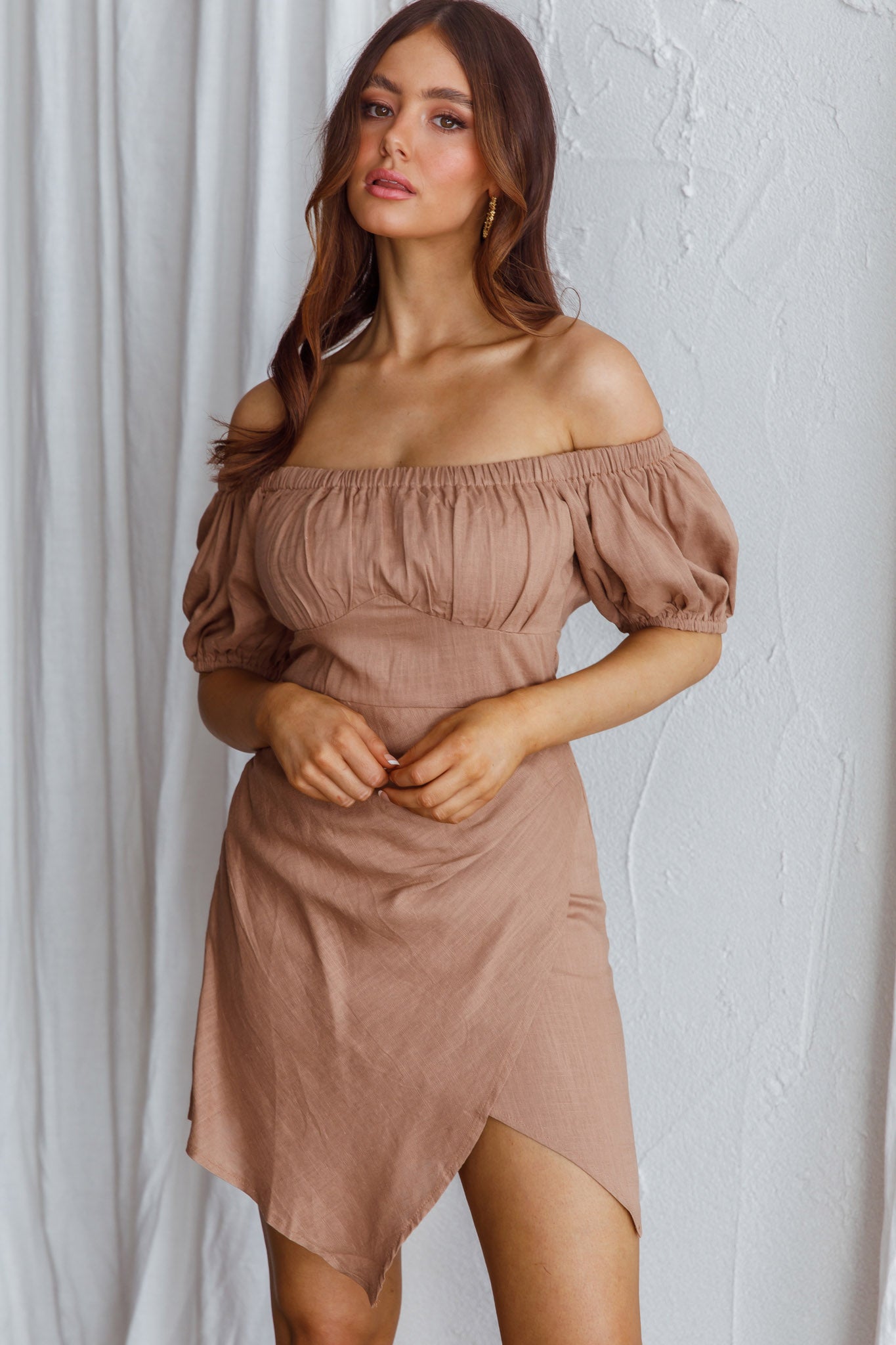 Dayanara Off-Shoulder Puff Sleeve Dress Mocha by Selfie Leslie
