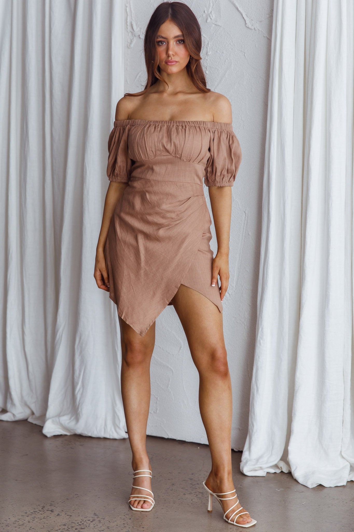 Dayanara Off-Shoulder Puff Sleeve Dress Mocha by Selfie Leslie