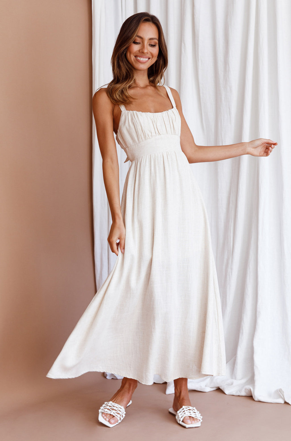 Roberta Gathered Bust Midi Dress Natural by Selfie Leslie Australia