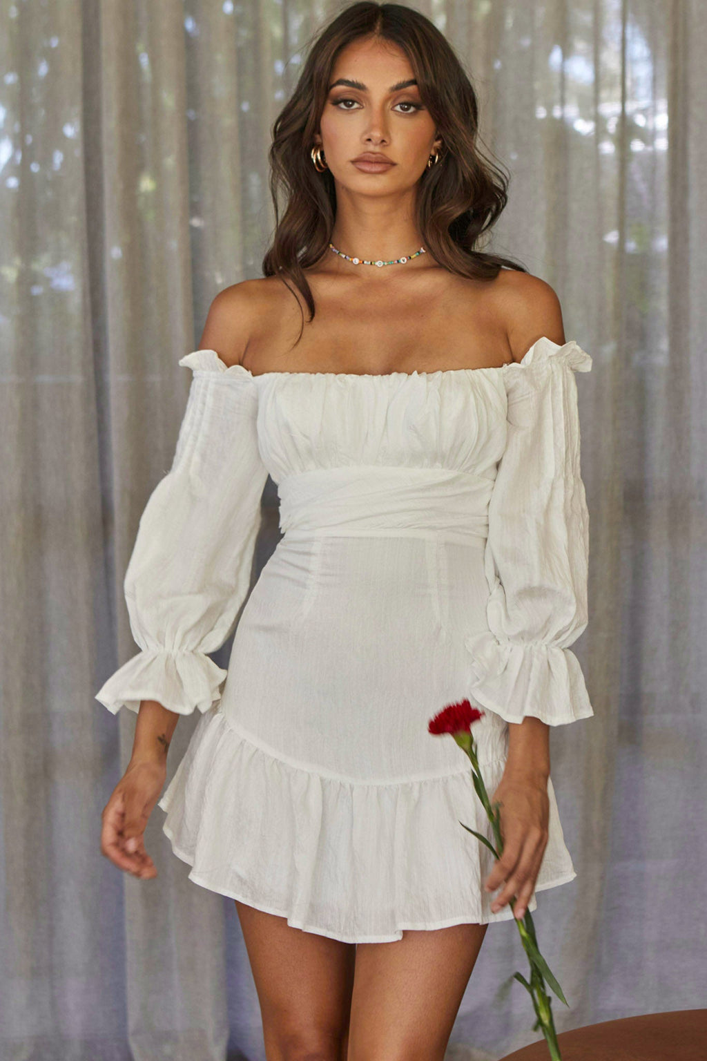 By My Side Off-Shoulder Balloon Sleeve Dress White by Selfie Leslie