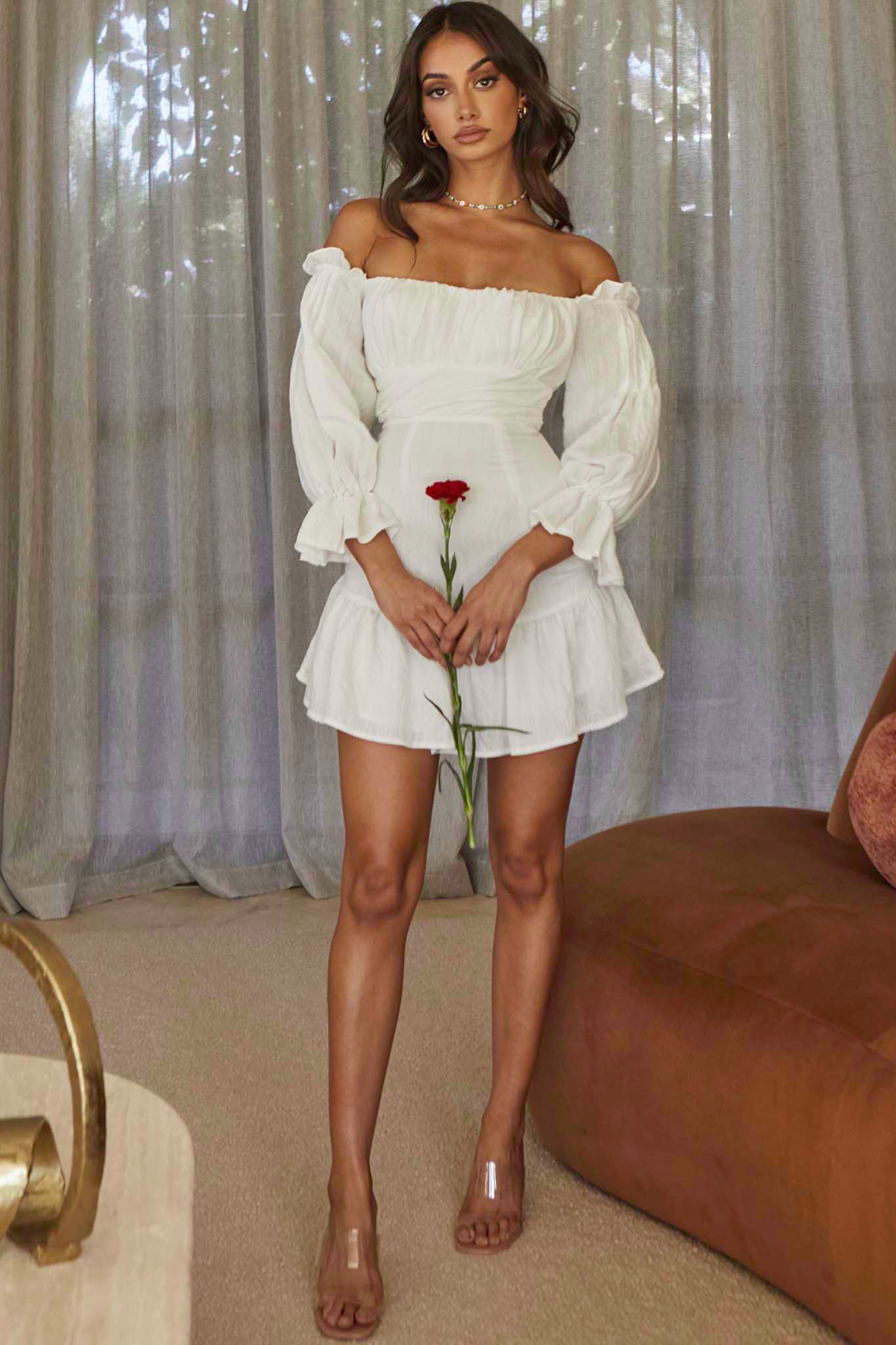 By My Side Off-Shoulder Balloon Sleeve Dress White by Selfie Leslie